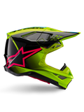 Kask Alpinestars Supertech M10 Unite, kask motocrossowy, żółty neonowy i czarny z grafiką różowych gwiazd Diva Pink, błyszczący aerodynamiczny design z licznymi otworami wentylacyjnymi, certyfikat ECE 22.06