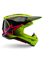 Kask Alpinestars Supertech M10 Unite, kask motocrossowy, żółty neonowy i czarny z grafiką różowych gwiazd Diva Pink, błyszczący aerodynamiczny design z licznymi otworami wentylacyjnymi, certyfikat ECE 22.06