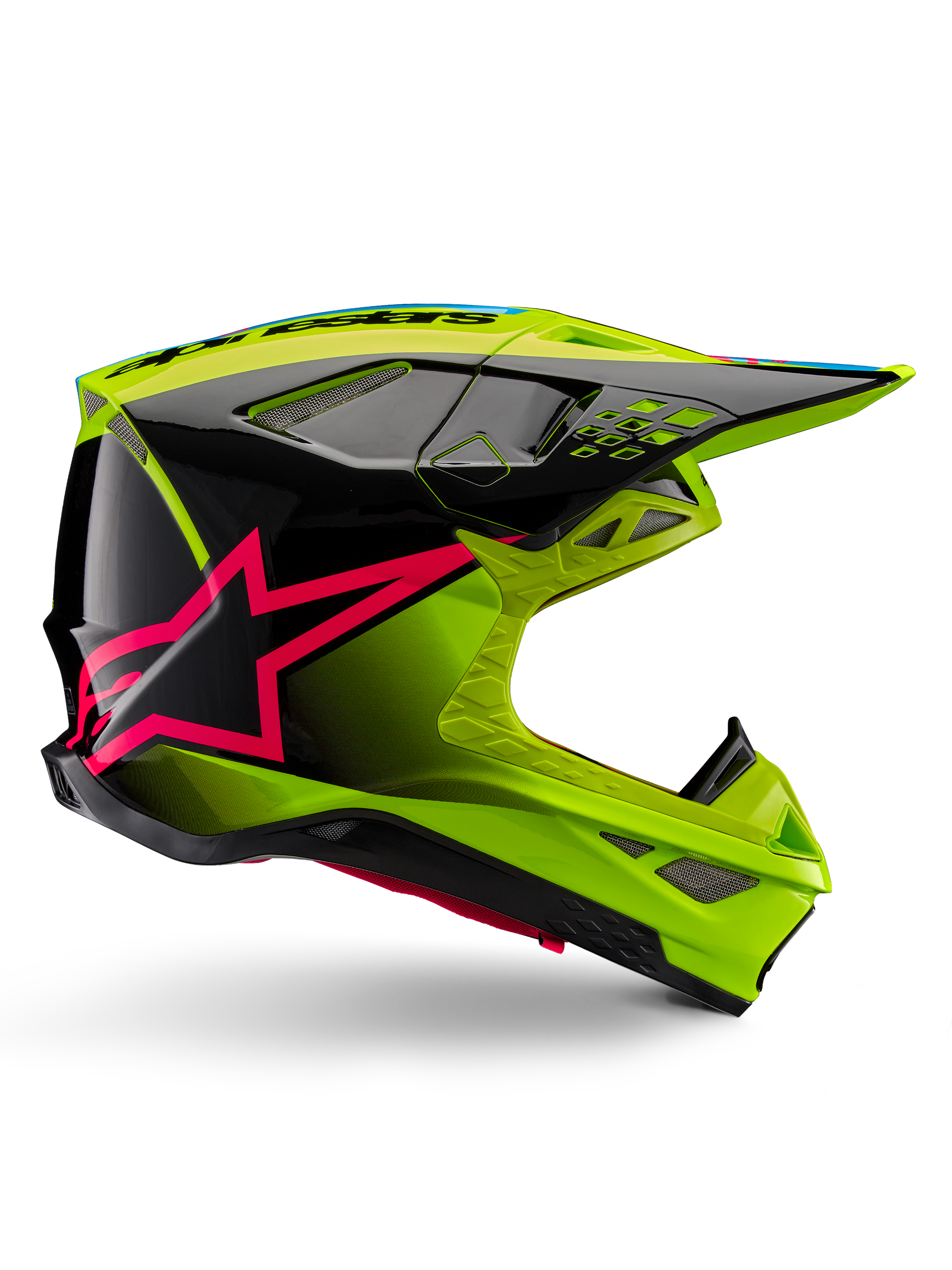 Kask Alpinestars Supertech M10 Unite, kask motocrossowy, żółty neonowy i czarny z grafiką różowych gwiazd Diva Pink, błyszczący aerodynamiczny design z licznymi otworami wentylacyjnymi, certyfikat ECE 22.06