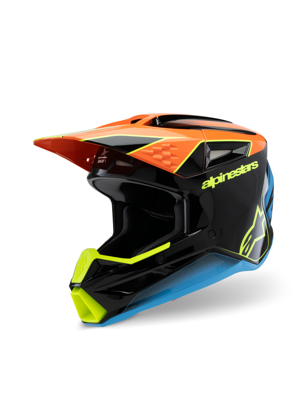 Alpinestars S-M3 Youth Fray Helmet, kask motocrossowy, czarny, pomarańczowy, żółty i niebieski, błyszczące wykończenie, aerodynamiczny daszek, wyraźne logo, do młodzieżowych wyścigów terenowych