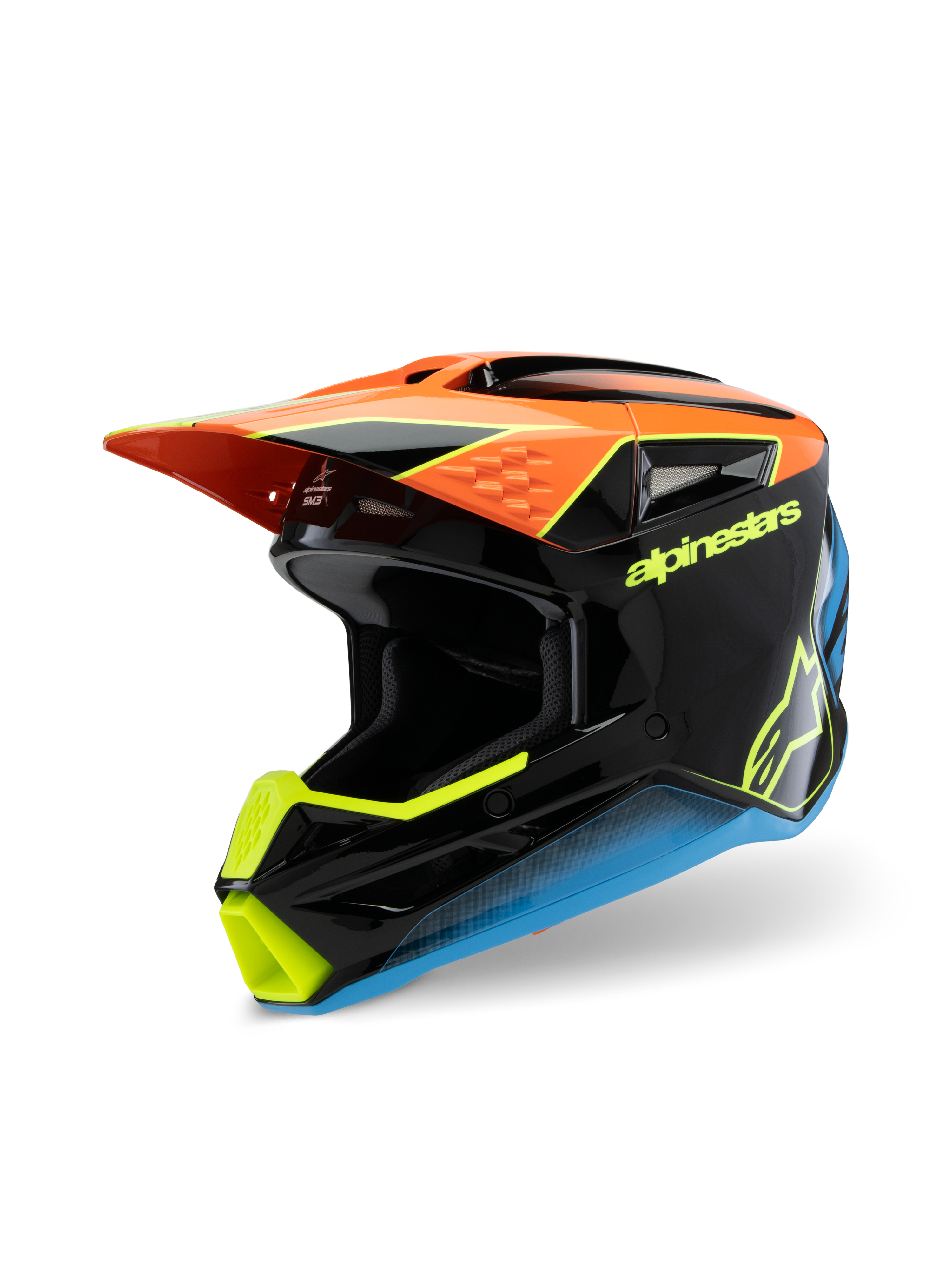 Alpinestars S-M3 Youth Fray Helmet, kask motocrossowy, czarny, pomarańczowy, żółty i niebieski, błyszczące wykończenie, aerodynamiczny daszek, wyraźne logo, do młodzieżowych wyścigów terenowych