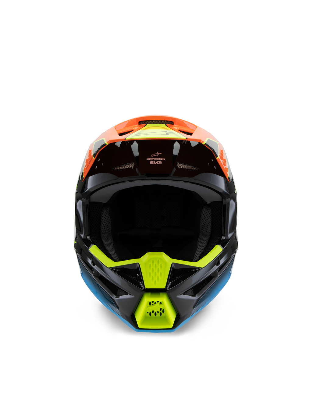 Alpinestars S-M3 Youth Fray Helmet, widok z przodu czarnego kasku motocrossowego, wyraziste pomarańczowe, neonowe żółte i niebieskie grafiki, przeznaczony do wyścigów off-road dla młodzieży