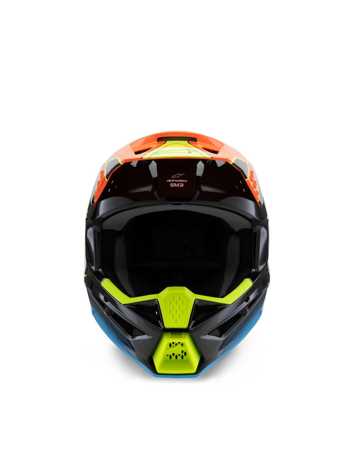 Alpinestars S-M3 Youth Fray Helmet, widok z przodu czarnego kasku motocrossowego, wyraziste pomarańczowe, neonowe żółte i niebieskie grafiki, przeznaczony do wyścigów off-road dla młodzieży