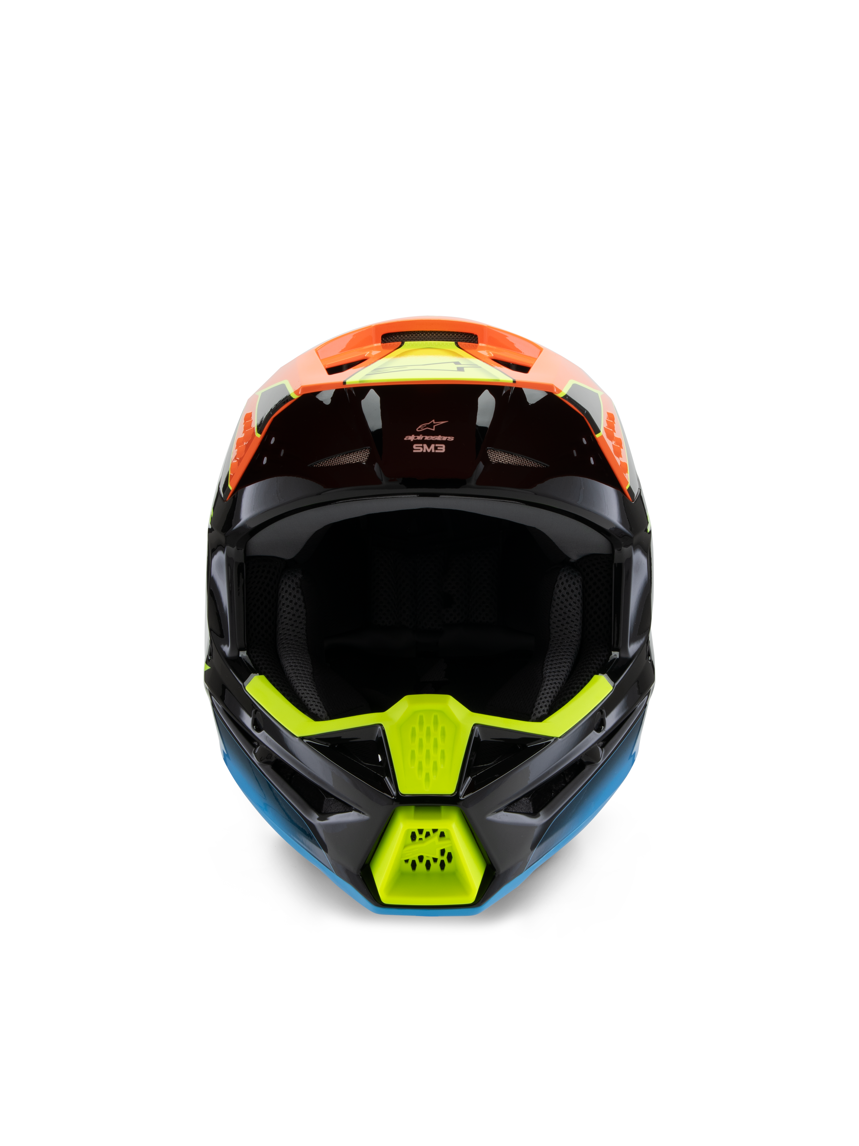 Alpinestars S-M3 Youth Fray Helmet, widok z przodu czarnego kasku motocrossowego, wyraziste pomarańczowe, neonowe żółte i niebieskie grafiki, przeznaczony do wyścigów off-road dla młodzieży
