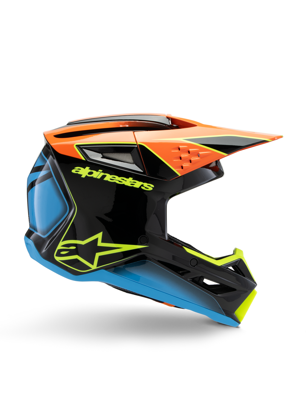 Alpinestars S-M3 Youth Fray Helmet, kask motocrossowy młodzieżowy, czarny z pomarańczowymi, niebieskimi i żółtymi neonowymi akcentami, widok z profilu bocznego ukazujący aerodynamiczny design, otwory wentylacyjne i ostry daszek, błyszczące wykończenie z wyrazistym żółtym logo.