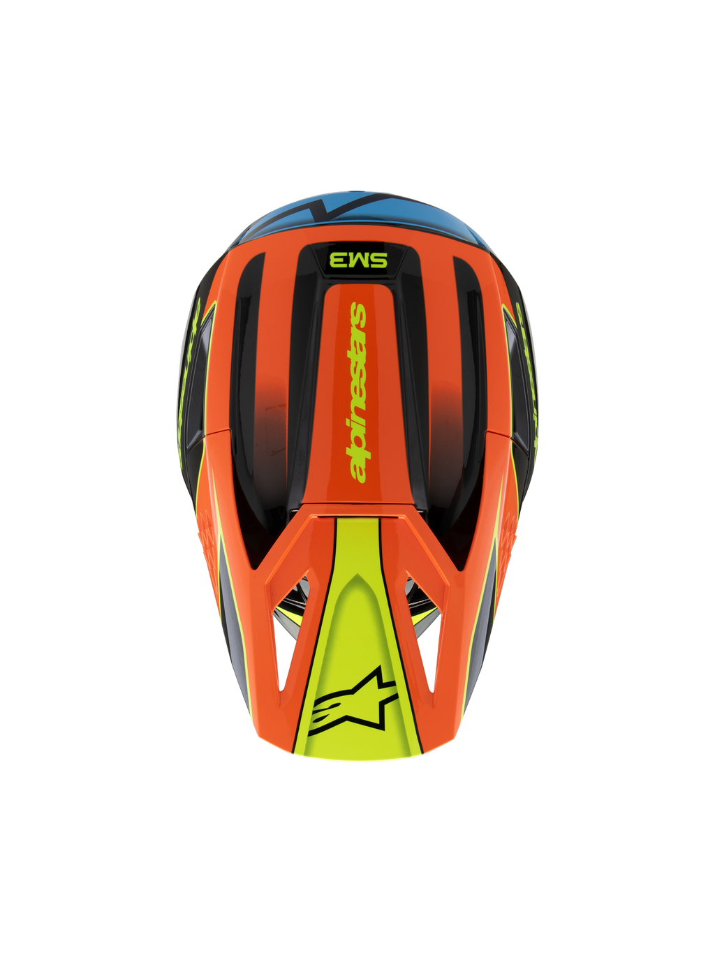 Kask Alpinestars S-M3 Youth Fray, widok z góry, pomarańczowy, czarny i żółty z niebieskimi akcentami, z brandingiem „alpinestars” i logo gwiazdy na daszku, opływowa, aerodynamiczna konstrukcja do motocrossu i jazdy terenowej dla młodzieży