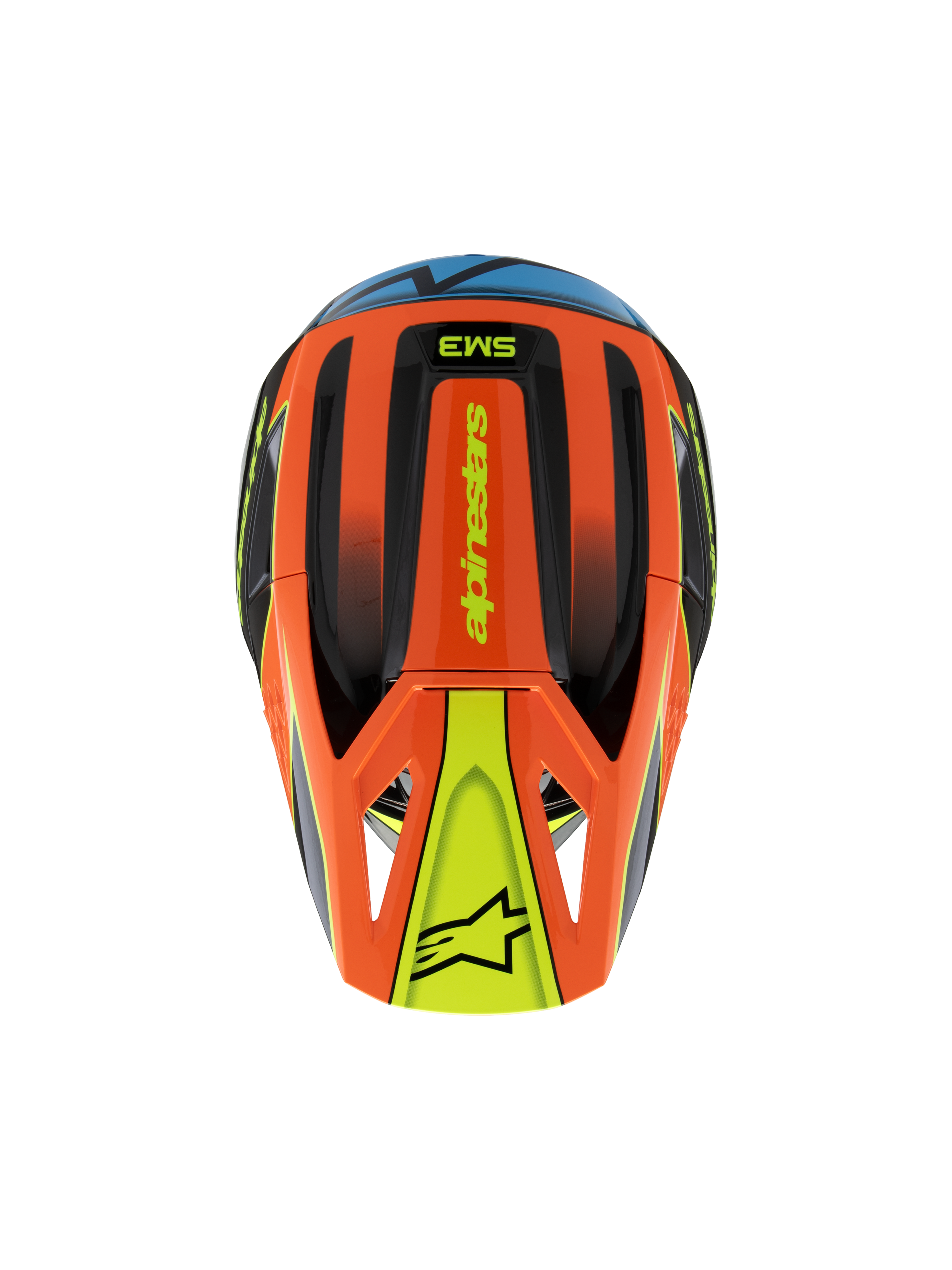 Kask Alpinestars S-M3 Youth Fray, widok z góry, pomarańczowy, czarny i żółty z niebieskimi akcentami, z brandingiem „alpinestars” i logo gwiazdy na daszku, opływowa, aerodynamiczna konstrukcja do motocrossu i jazdy terenowej dla młodzieży