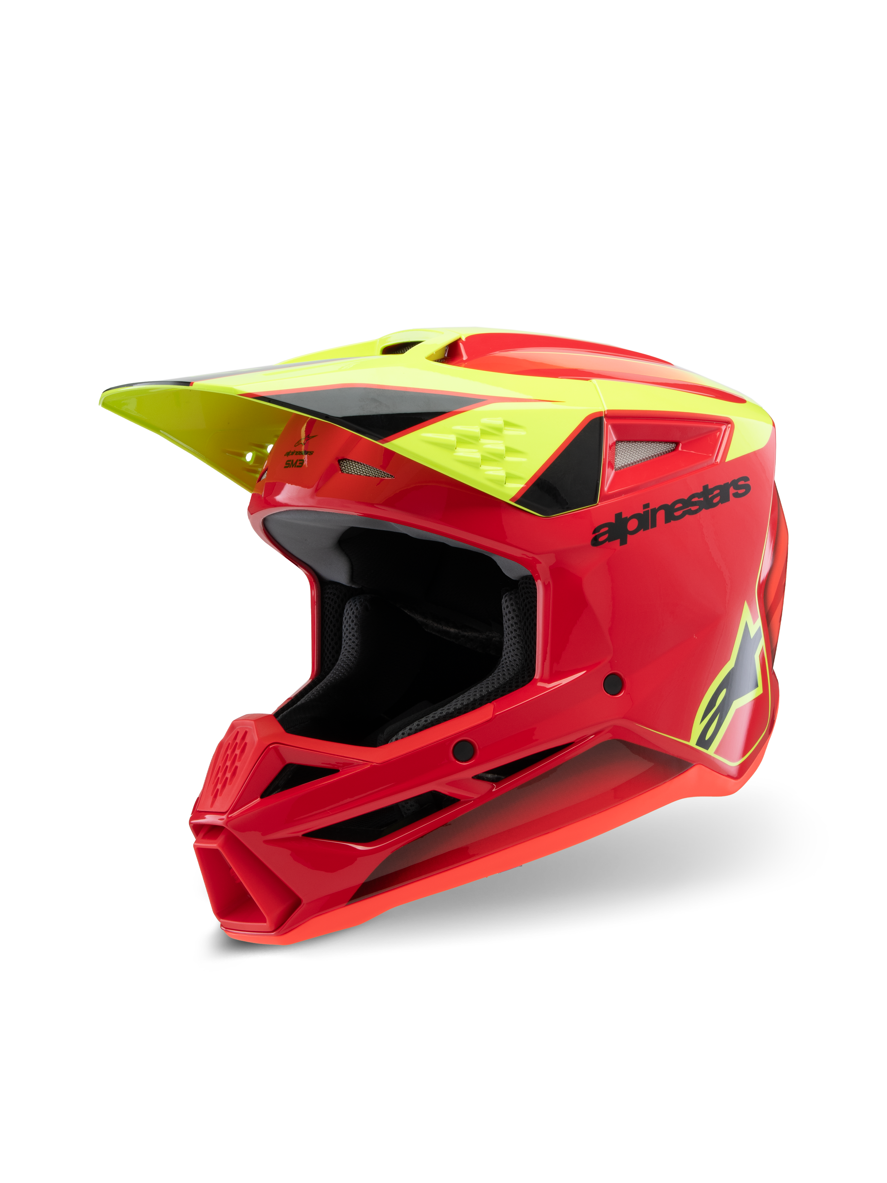 Alpinestars S-M3 Youth Fray Helmet, Motocross Helmet, Red Yellow Fluo and Black Glossy, featuring aggressive aerodynamic design, protective visor, and multiple ventilation ports for off-road performance.