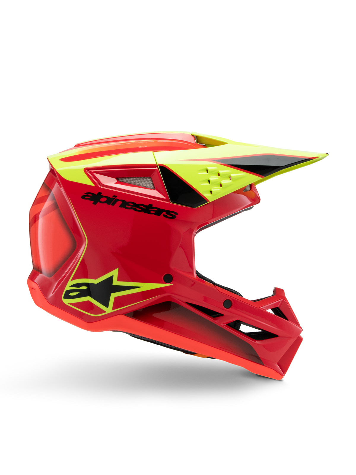 Alpinestars S-M3 Youth Fray Helmet, kask motocrossowy, czerwony, żółty fluo i czarny błyszczący, widok z boku ukazujący smukły aerodynamiczny design ze zintegrowanym daszkiem i wyraźnymi otworami wentylacyjnymi, wyraźne czarne oznaczenia marki na intensywnie czerwonej skorupie, zoptymalizowany pod kątem wydajności off-road dla młodzieży