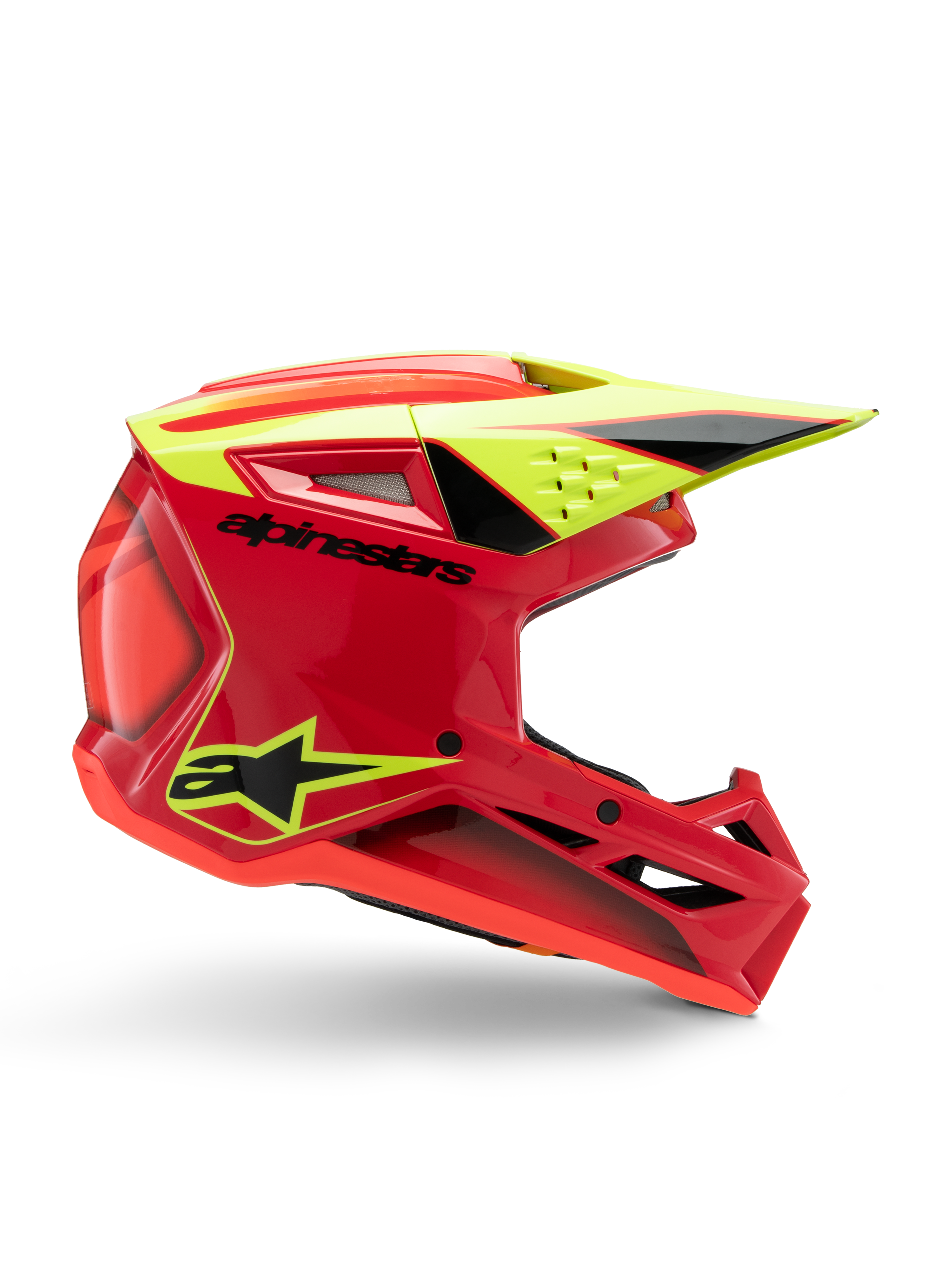 Alpinestars S-M3 Youth Fray Helmet, kask motocrossowy, czerwony, żółty fluo i czarny błyszczący, widok z boku ukazujący smukły aerodynamiczny design ze zintegrowanym daszkiem i wyraźnymi otworami wentylacyjnymi, wyraźne czarne oznaczenia marki na intensywnie czerwonej skorupie, zoptymalizowany pod kątem wydajności off-road dla młodzieży