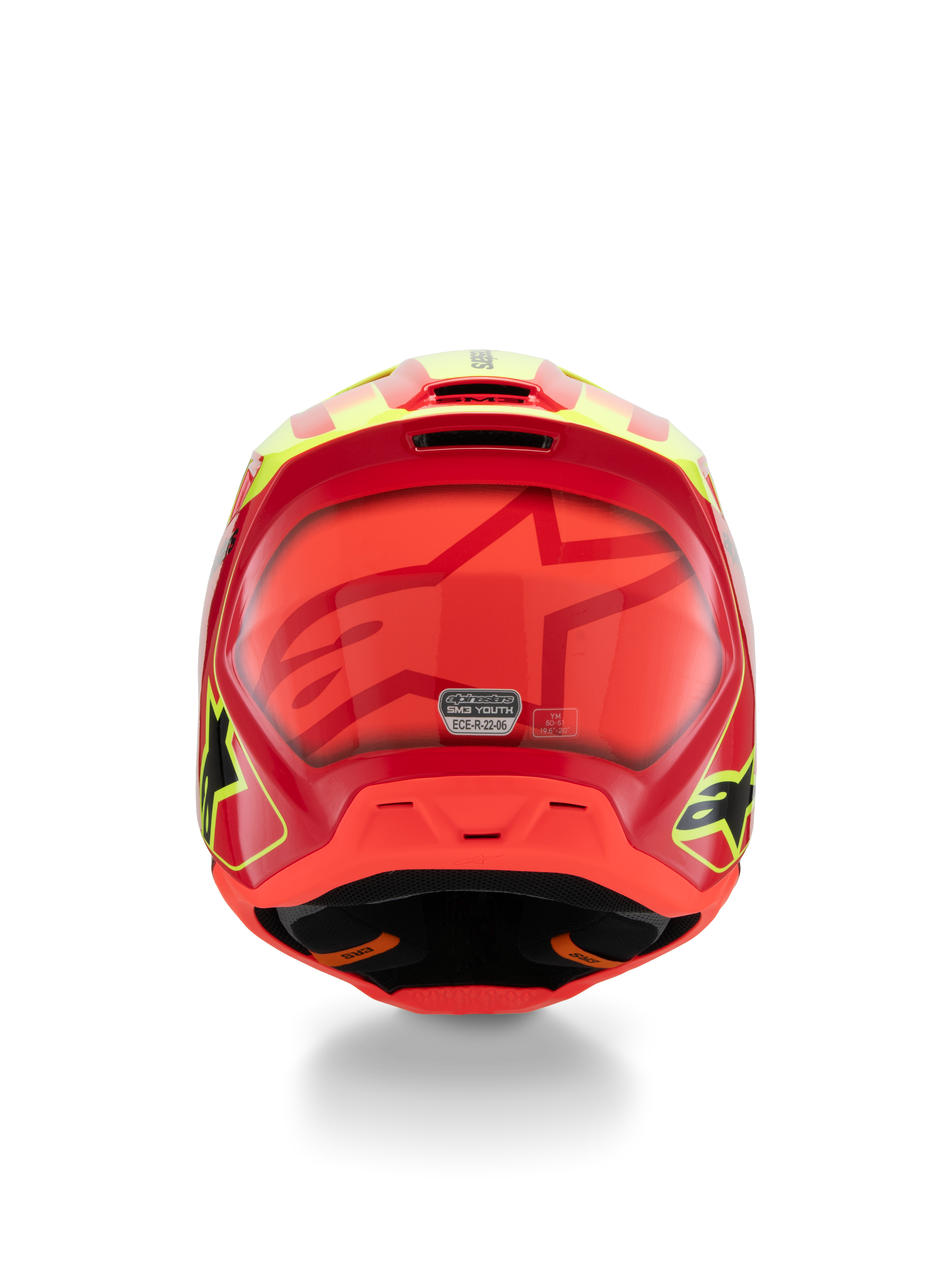 Alpinestars S-M3 Youth Fray Helmet, Motocross Helmet, Red, Yellow Fluo and Black Glossy, back view featuring a large tonal star logo, ECE 22.06 certification sticker, and aerodynamic shell design with side logos.