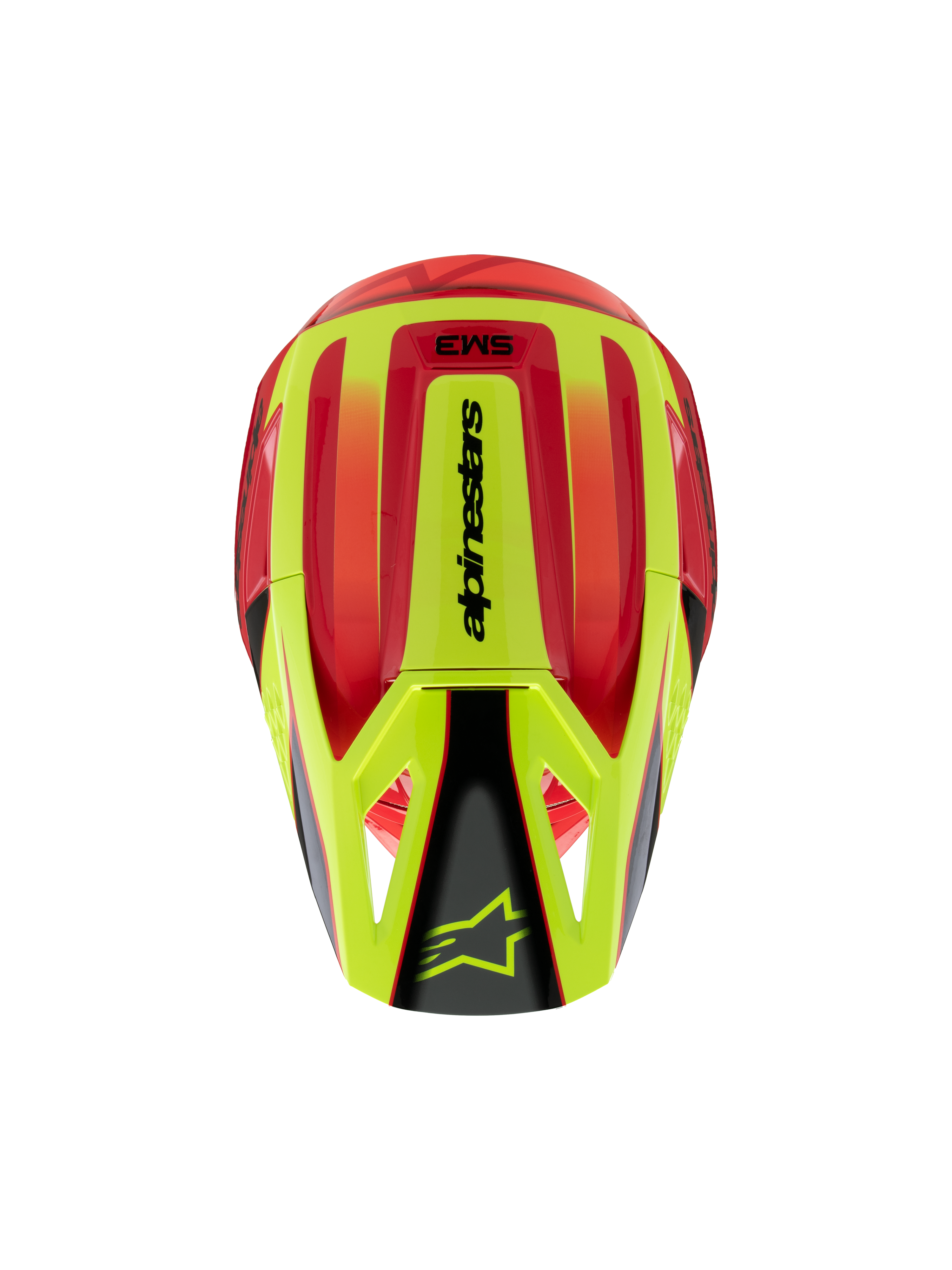 Alpinestars S-M3 Youth Fray Helmet, Motocross Helmet, Red and Fluorescent Yellow with Black Glossy finish, top view showing aerodynamic shell and Alpinestars logo on the visor