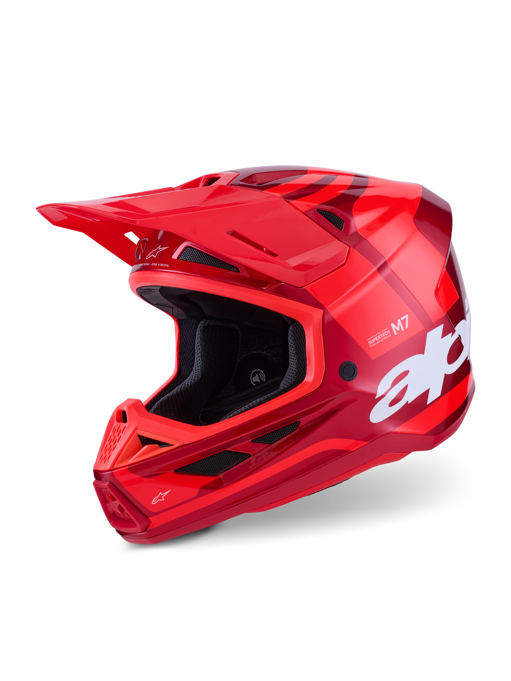 Kask Alpinestars S-M7 Core, kask motocrossowy, błyszcząca czerwień, wielotonowe czerwone grafiki z dużym białym brandingiem, aerodynamiczna skorupa kompozytowa z wieloma otworami wentylacyjnymi i regulowanym daszkiem, profesjonalny sprzęt do wyścigów off-road