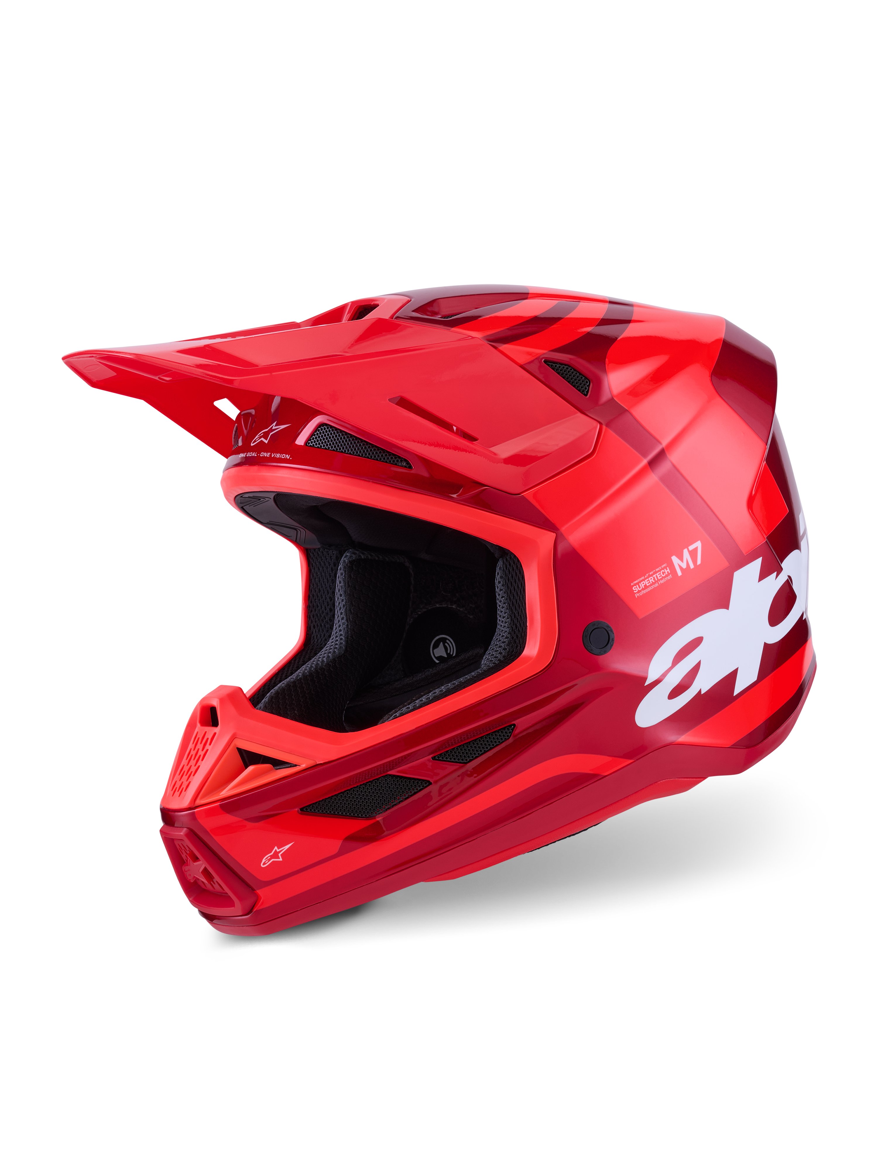 Kask Alpinestars S-M7 Core, kask motocrossowy, błyszcząca czerwień, wielotonowe czerwone grafiki z dużym białym brandingiem, aerodynamiczna skorupa kompozytowa z wieloma otworami wentylacyjnymi i regulowanym daszkiem, profesjonalny sprzęt do wyścigów off-road