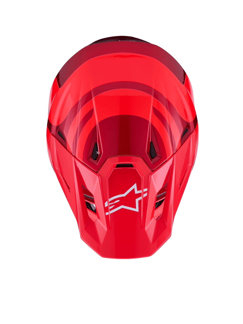 Kask Alpinestars S-M7 Core, Red Glossy, widok z góry, aerodynamiczna skorupa z ciemniejszymi czerwonymi akcentami, białe logo A-star na daszku, zintegrowane otwory wentylacyjne, wysokiej klasy ochronny sprzęt motocrossowy