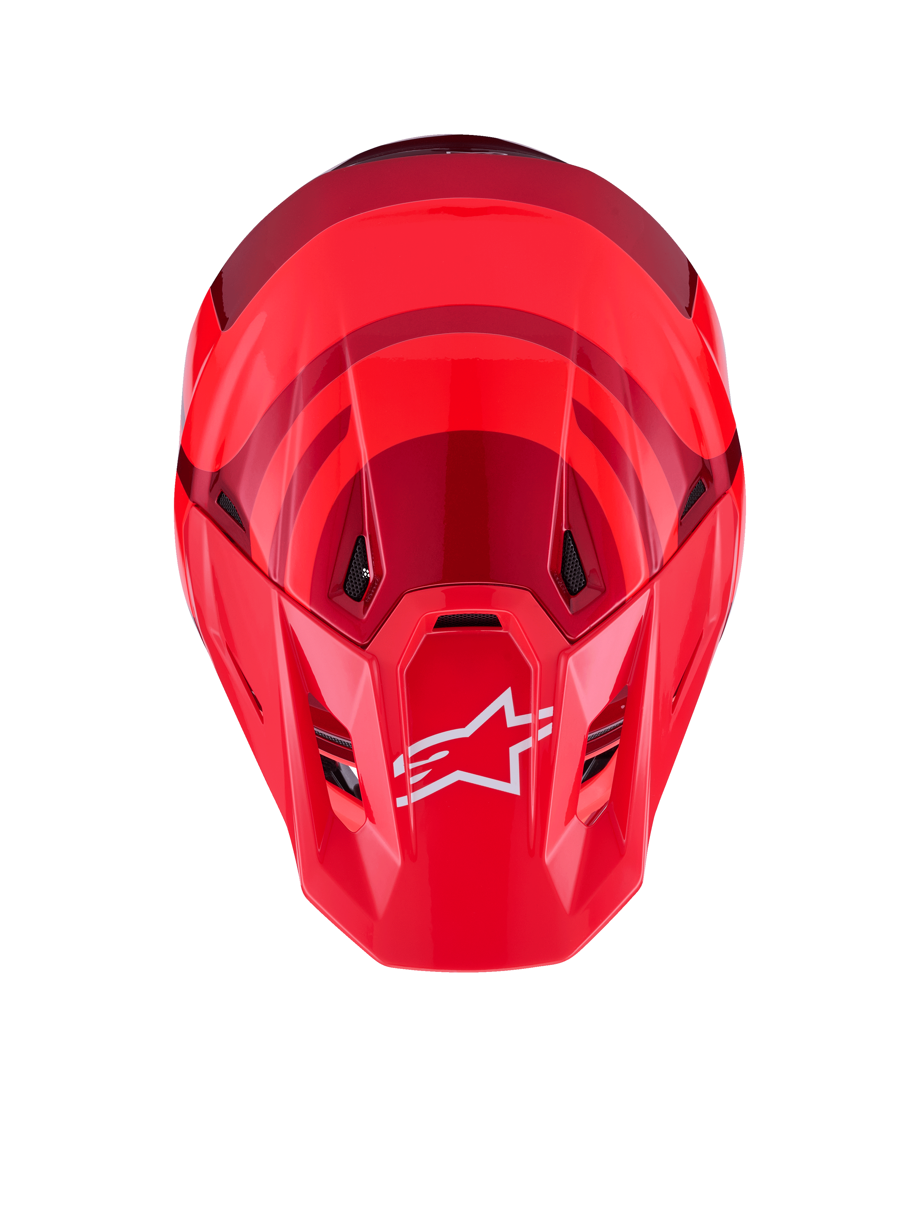 Kask Alpinestars S-M7 Core, Red Glossy, widok z góry, aerodynamiczna skorupa z ciemniejszymi czerwonymi akcentami, białe logo A-star na daszku, zintegrowane otwory wentylacyjne, wysokiej klasy ochronny sprzęt motocrossowy