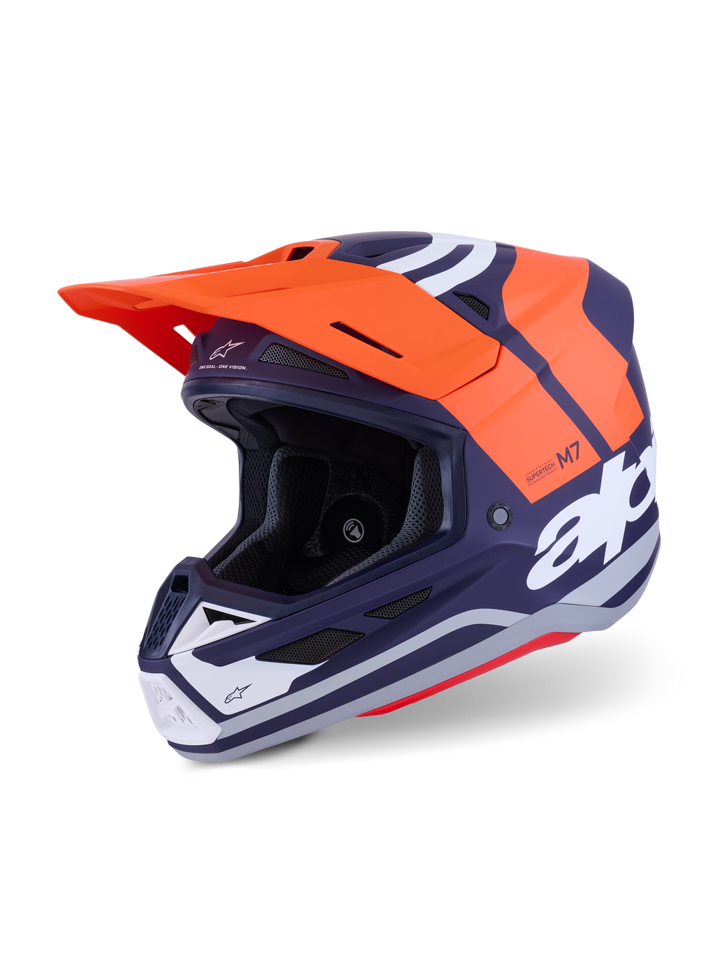 Kask Alpinestars S-M7 Core ECE 22.06, kask motocrossowy, pomarańczowy i granatowy matowy, z wyraźnym białym logo, aerodynamiczna skorupa ze zintegrowaną wentylacją, pomarańczowy daszek i profesjonalna konstrukcja do wyścigów off-road.