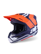 Kask Alpinestars S-M7 Core ECE 22.06, kask motocrossowy, pomarańczowy i granatowy matowy, z wyraźnym białym logo, aerodynamiczna skorupa ze zintegrowaną wentylacją, pomarańczowy daszek i profesjonalna konstrukcja do wyścigów off-road.