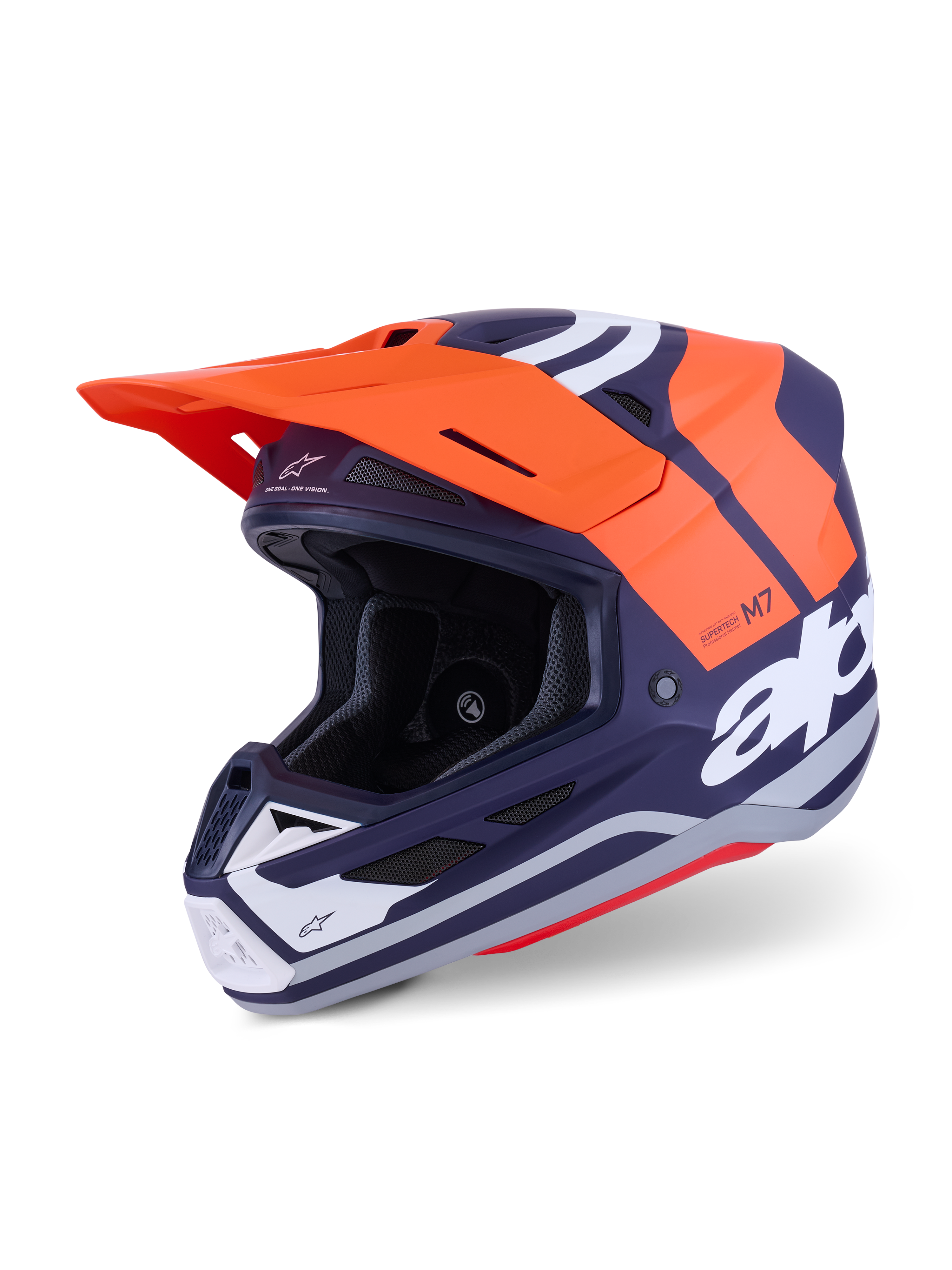 Kask Alpinestars S-M7 Core ECE 22.06, kask motocrossowy, pomarańczowy i granatowy matowy, z wyraźnym białym logo, aerodynamiczna skorupa ze zintegrowaną wentylacją, pomarańczowy daszek i profesjonalna konstrukcja do wyścigów off-road.