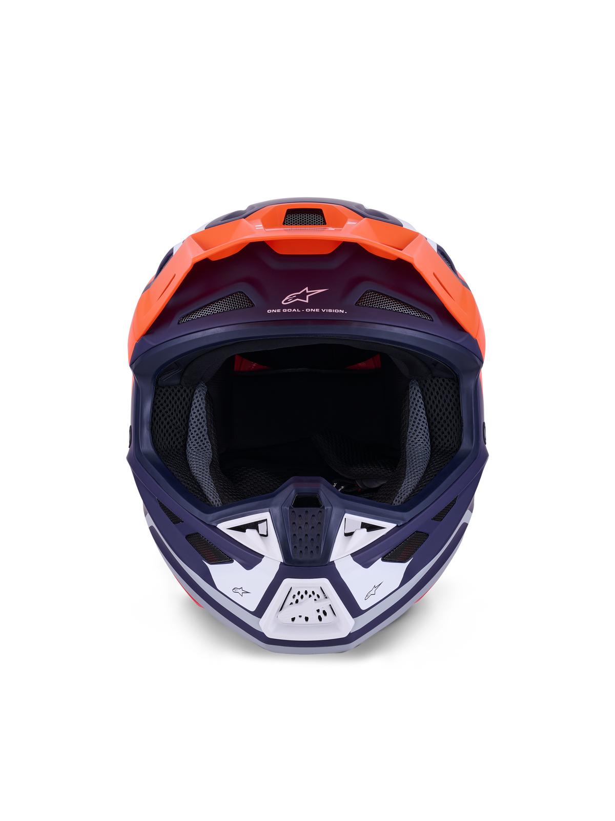 Kask Alpinestars S-M7 Core, kask motocrossowy, pomarańczowy i niebieski mat, widok z przodu z białymi akcentami na osłonie szczęki, z brandingiem „One Goal – One Vision”, aerodynamiczna skorupa do wyścigów off-road