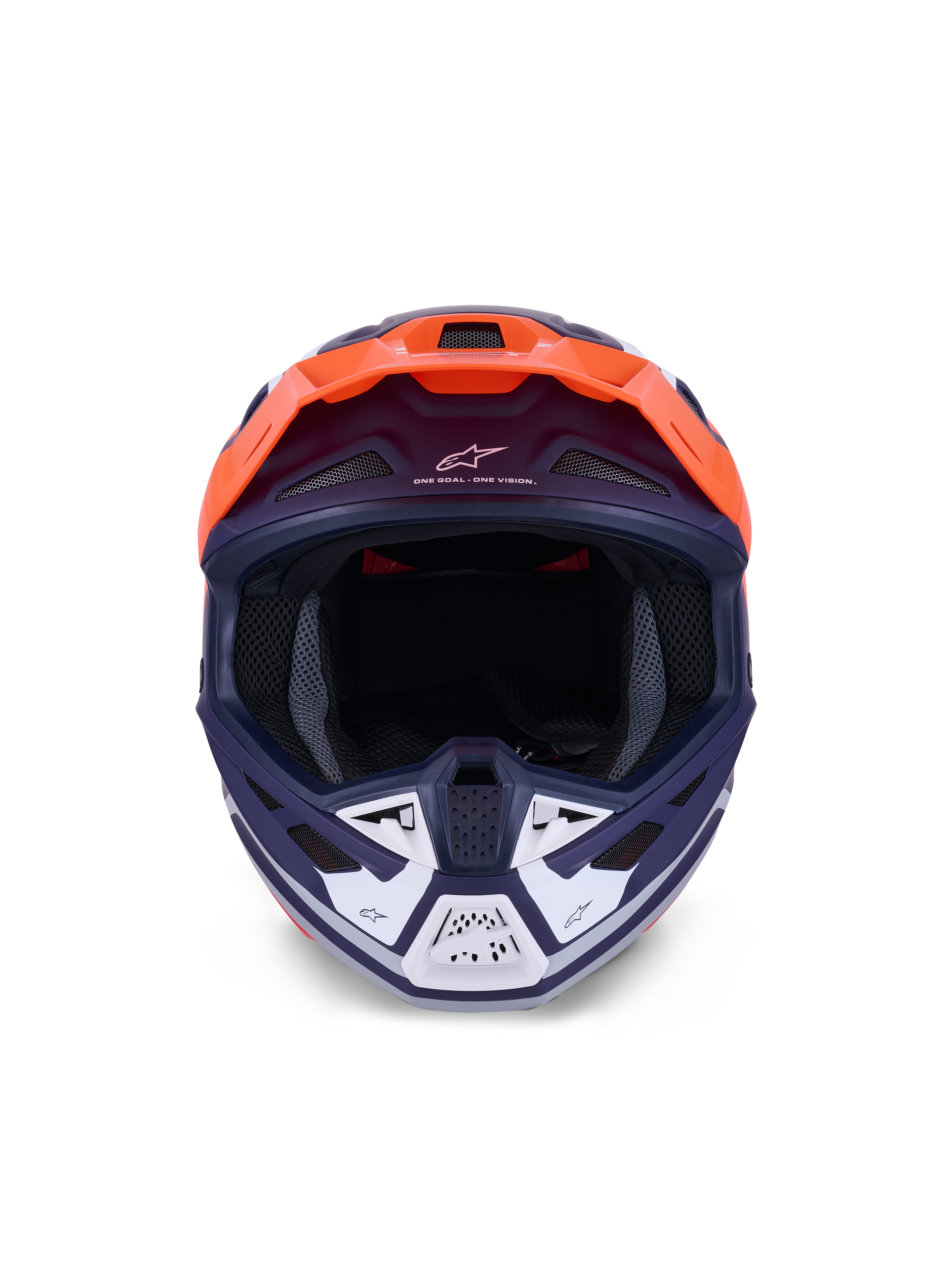 Kask Alpinestars S-M7 Core, kask motocrossowy, pomarańczowy i niebieski mat, widok z przodu z białymi akcentami na osłonie szczęki, z brandingiem „One Goal – One Vision”, aerodynamiczna skorupa do wyścigów off-road