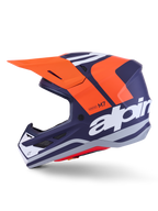 Alpinestars S-M7 Core Helmet ECE 22.06, profil boczny, granatowo-pomarańczowe matowe wykończenie, duże białe logo z boku, aerodynamiczny kask motocrossowy z daszkiem ochronnym