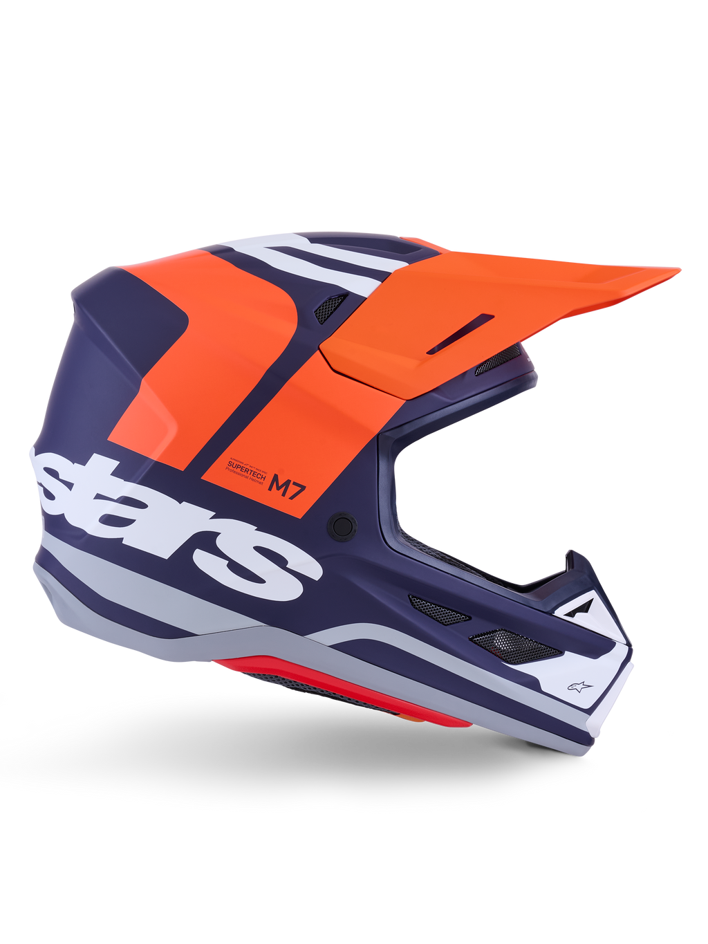 Alpinestars S-M7 Core Helmet ECE 22.06, kask motocrossowy, matowy ciemnoniebieski z jaskrawymi pomarańczowymi i białymi akcentami, pomarańczowy daszek, aerodynamiczny profil z siatkowymi otworami wentylacyjnymi, certyfikat ECE 22.06