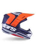 Alpinestars S-M7 Core Helmet ECE 22.06, kask motocrossowy, matowy ciemnoniebieski z jaskrawymi pomarańczowymi i białymi akcentami, pomarańczowy daszek, aerodynamiczny profil z siatkowymi otworami wentylacyjnymi, certyfikat ECE 22.06