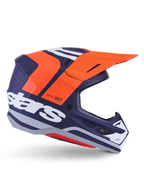 Alpinestars S-M7 Core Helmet ECE 22.06, kask motocrossowy, matowy ciemnoniebieski z jaskrawymi pomarańczowymi i białymi akcentami, pomarańczowy daszek, aerodynamiczny profil z siatkowymi otworami wentylacyjnymi, certyfikat ECE 22.06