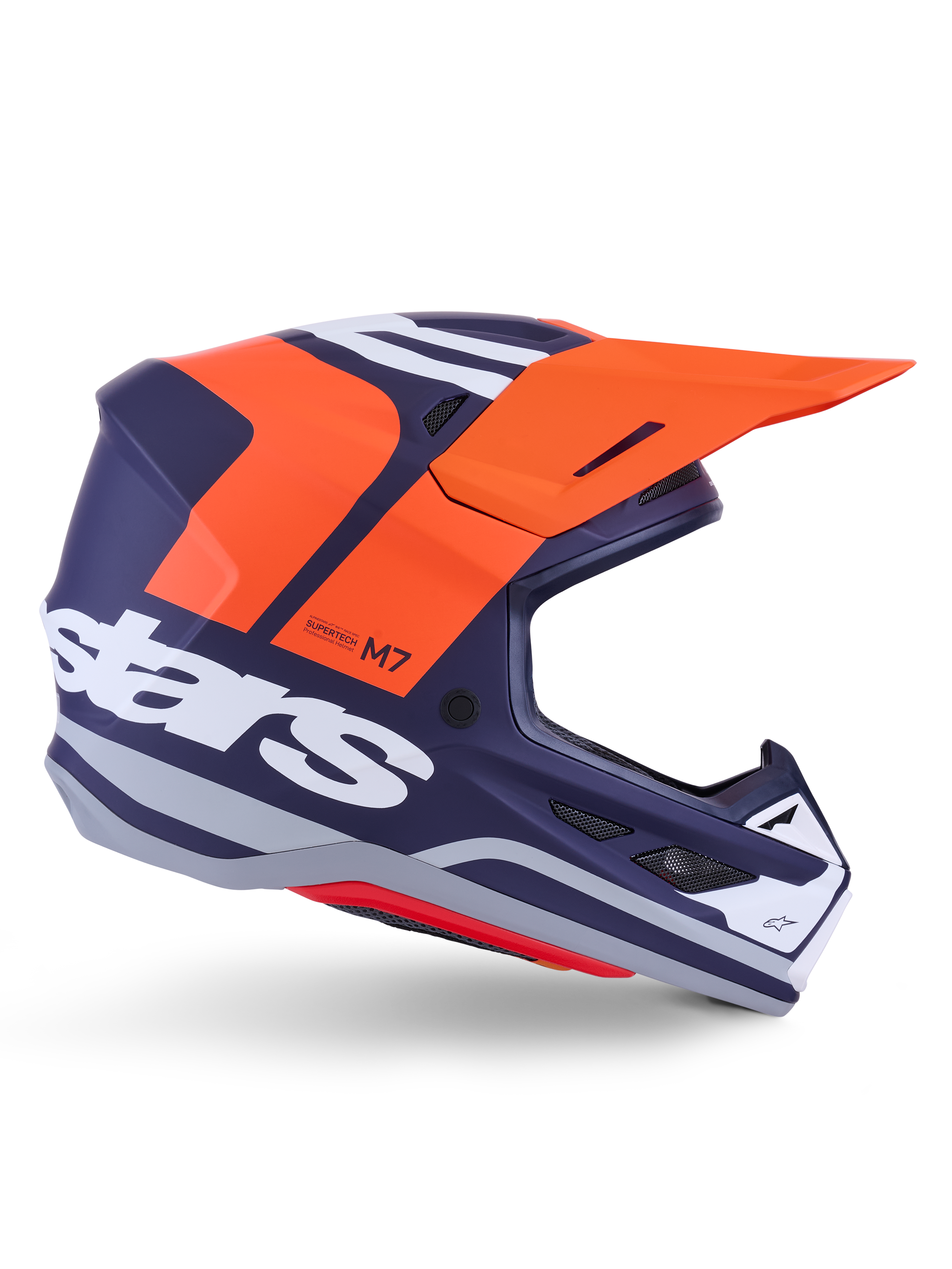 Alpinestars S-M7 Core Helmet ECE 22.06, kask motocrossowy, matowy ciemnoniebieski z jaskrawymi pomarańczowymi i białymi akcentami, pomarańczowy daszek, aerodynamiczny profil z siatkowymi otworami wentylacyjnymi, certyfikat ECE 22.06