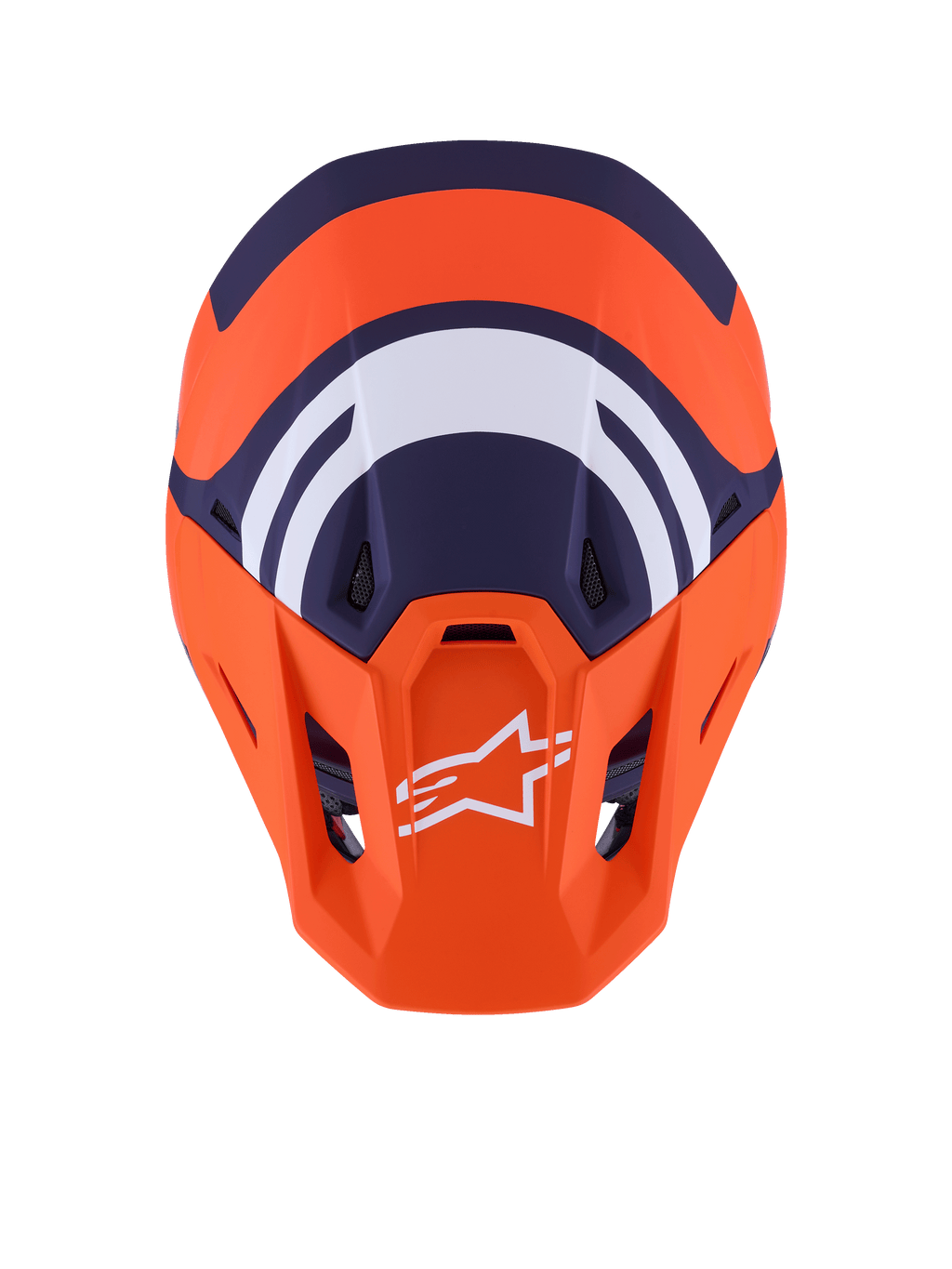 Kask Alpinestars S-M7 Core ECE 22.06, kask motocrossowy, pomarańczowy i niebieski matowy, widok z góry pokazujący granatowe i białe grafiki geometryczne, białe logo Alpinestars na pomarańczowym daszku, aerodynamiczna konstrukcja skorupy do wyścigów off-road