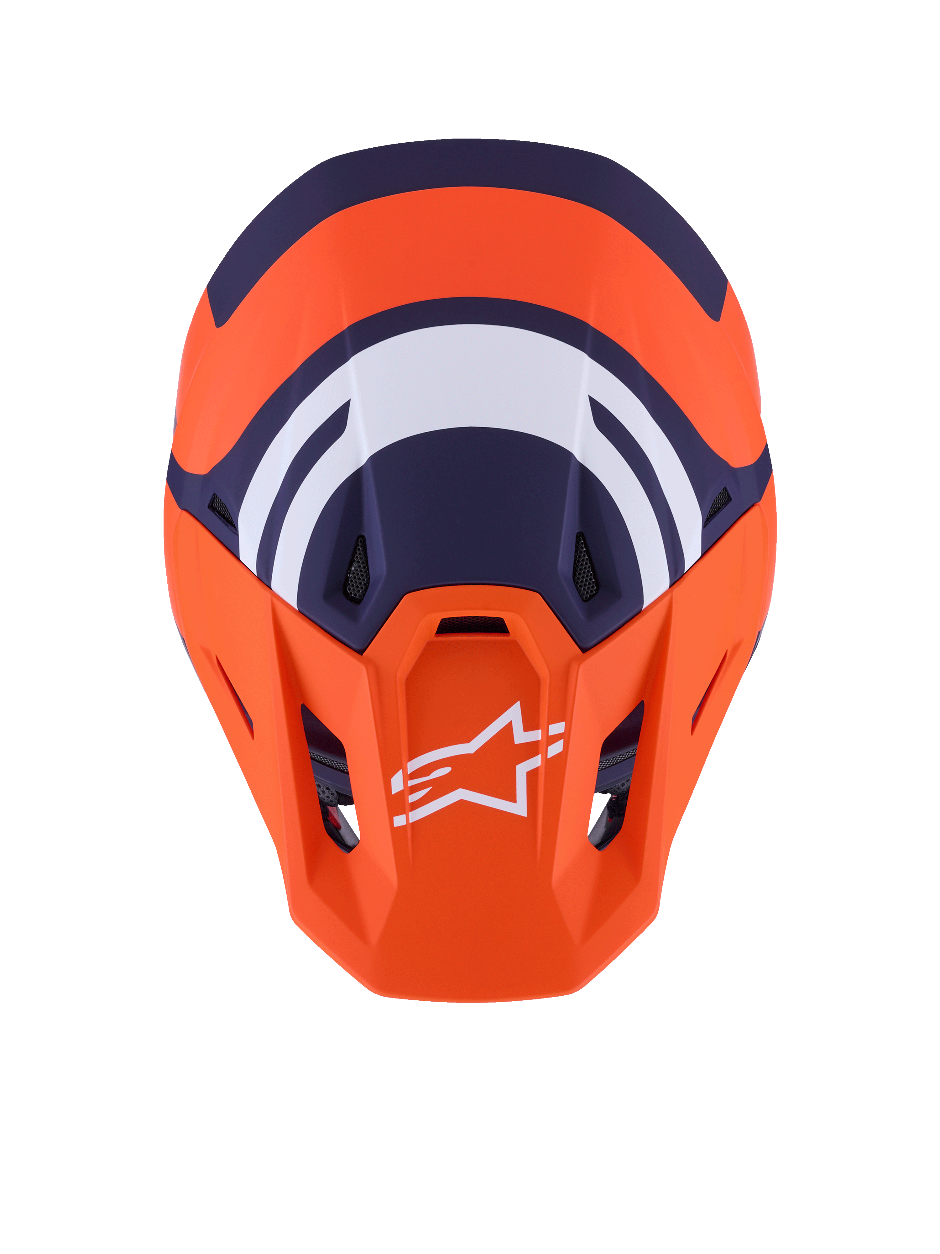 Kask Alpinestars S-M7 Core ECE 22.06, kask motocrossowy, pomarańczowy i niebieski matowy, widok z góry pokazujący granatowe i białe grafiki geometryczne, białe logo Alpinestars na pomarańczowym daszku, aerodynamiczna konstrukcja skorupy do wyścigów off-road