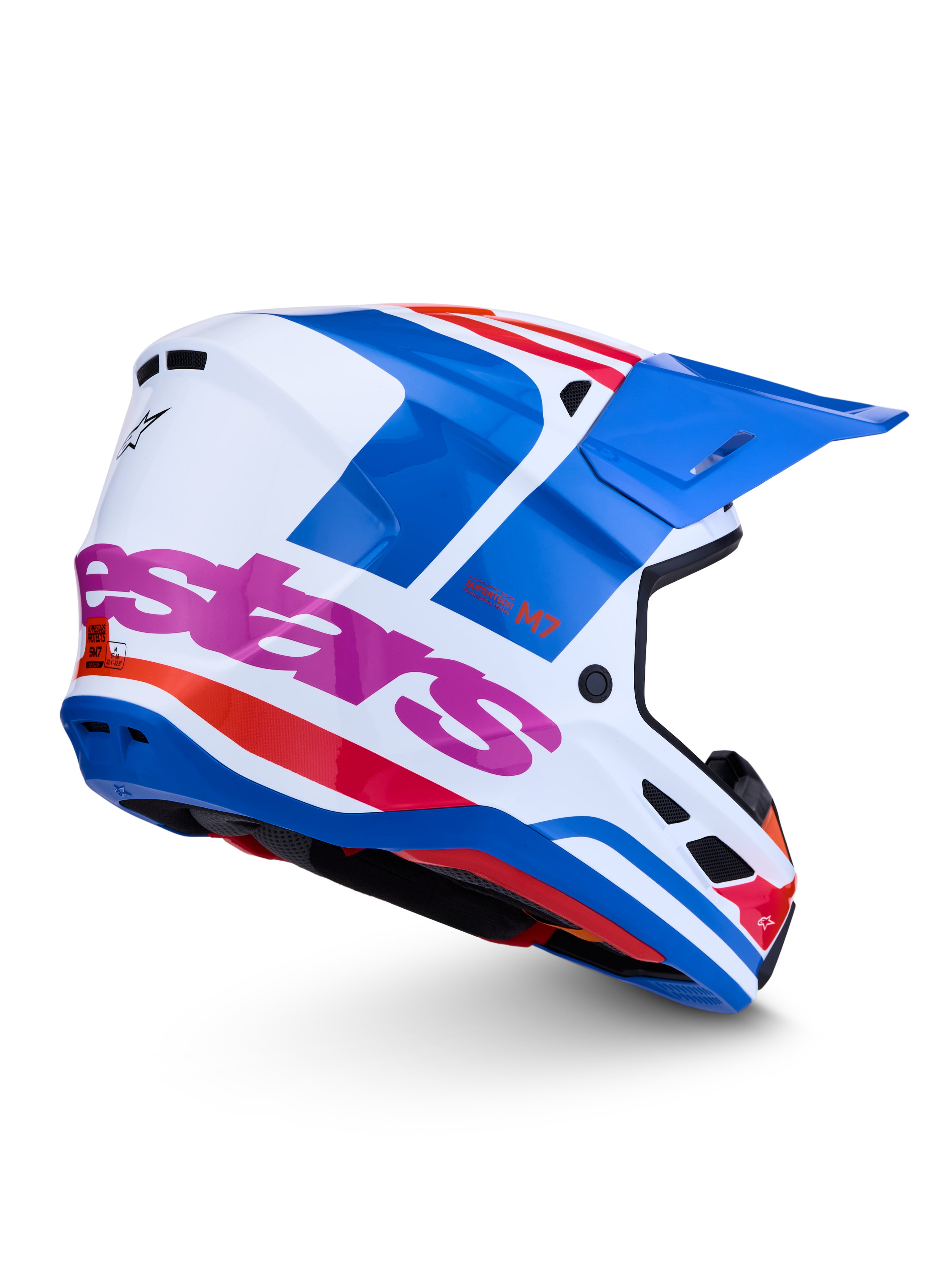 Alpinestars S-M7 Core Helmet ECE06, Glossy White and Blue Motocross Helmet with Pink accents, ECE 22.06 Certified.