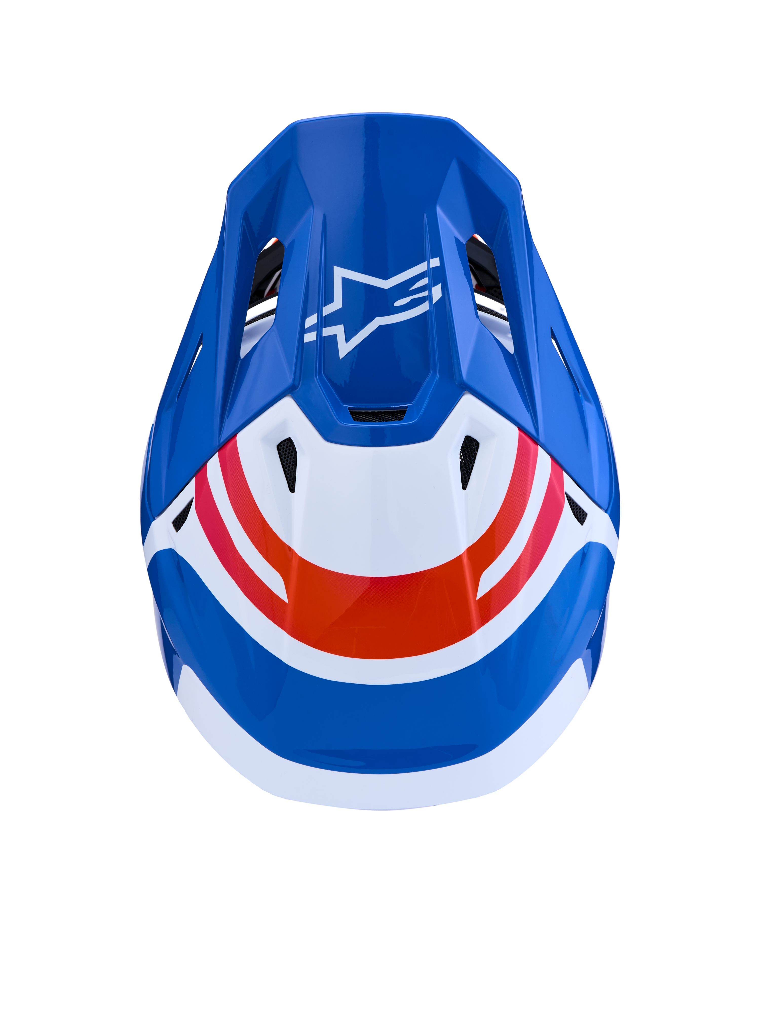 Alpinestars S-M7 Core Helmet ECE06, blue and white motocross helmet with orange accents and Astar logo, overhead view.