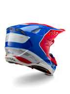 Alpinestars Supertech M10 Aeon ECE 22.06 Helmet, Motocross Helmet, Bright Red Blue and White Glossy, rear-side view featuring an aerodynamic profile, silver Alpinestars branding, and integrated ventilation ports.