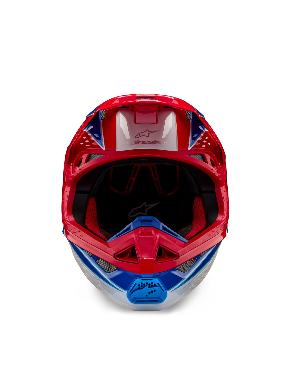 Kask Alpinestars Supertech M10 Aeon ECE 22.06, kask motocrossowy, jaskrawoczerwony i niebieski w połysku, widok z przodu z aerodynamiczną skorupą, wentylowaną szczęką i czerwoną wyściółką, wyraziste błyszczące wykończenie do wyścigów terenowych.