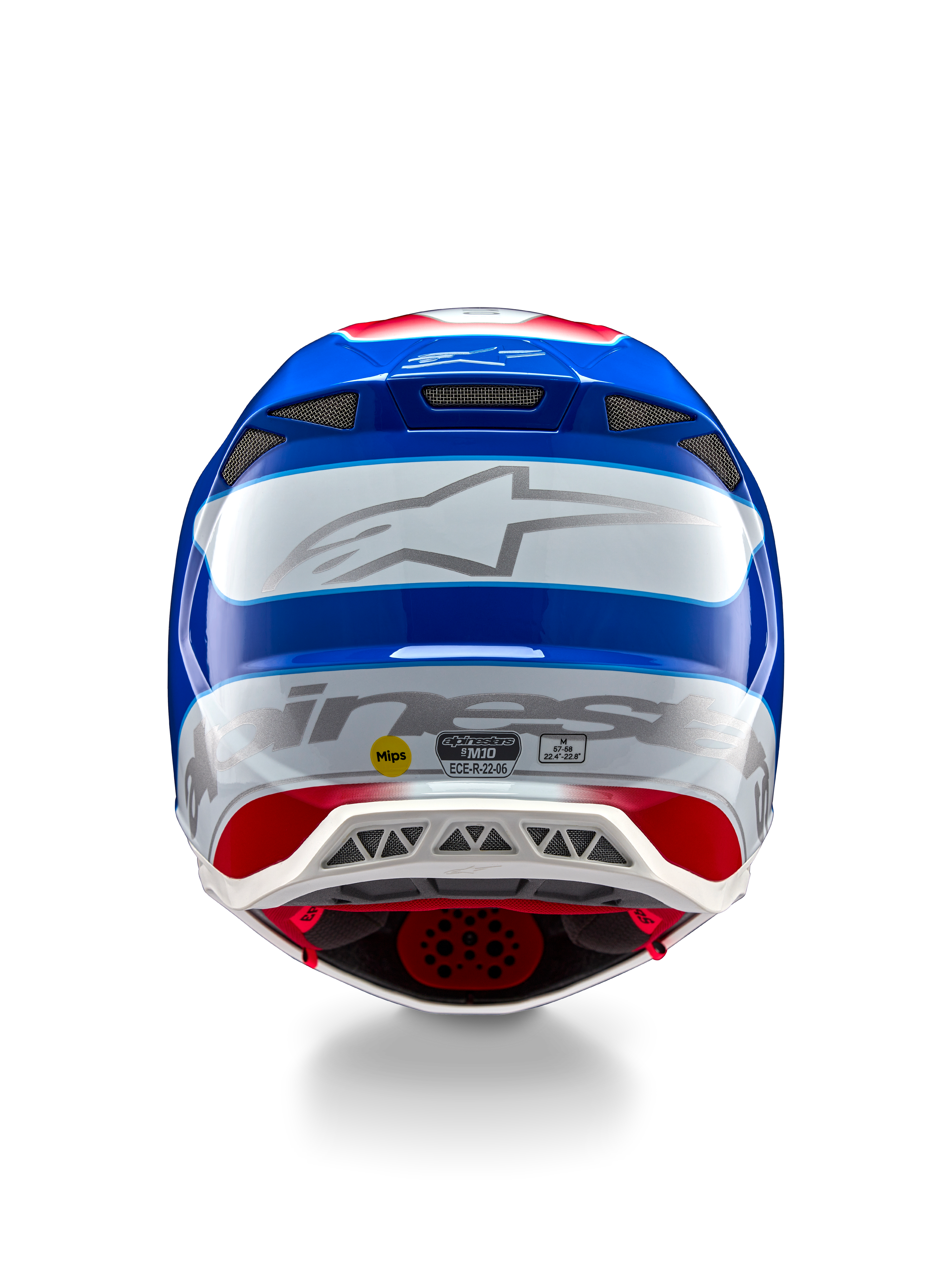 Alpinestars Supertech M10 Aeon ECE 22.06 Helmet, Motocross Helmet, Rear View, Bright Red Blue Glossy finish, large silver Alpinestars logo, multiple ventilation ports, MIPS and ECE safety stickers, professional racing protection