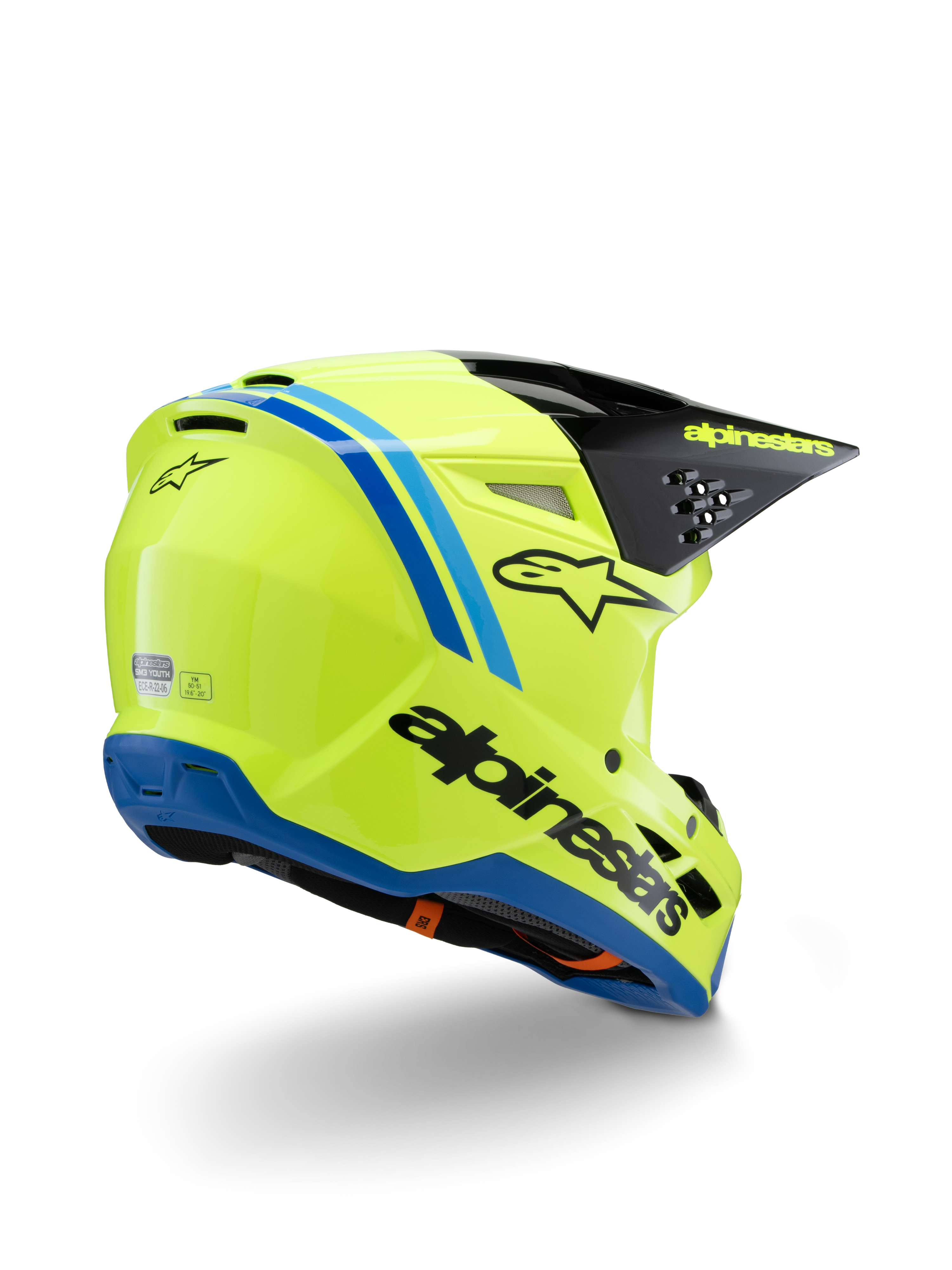 Alpinestars S-M3 Youth Radium Helmet ECE 22.06, kask motocrossowy, żółty fluo z czarnymi i niebieskimi akcentami, widok z tyłu pod kątem trzech czwartych pokazujący czarny daszek z żółtym logo i niebieskie dolne wykończenie
