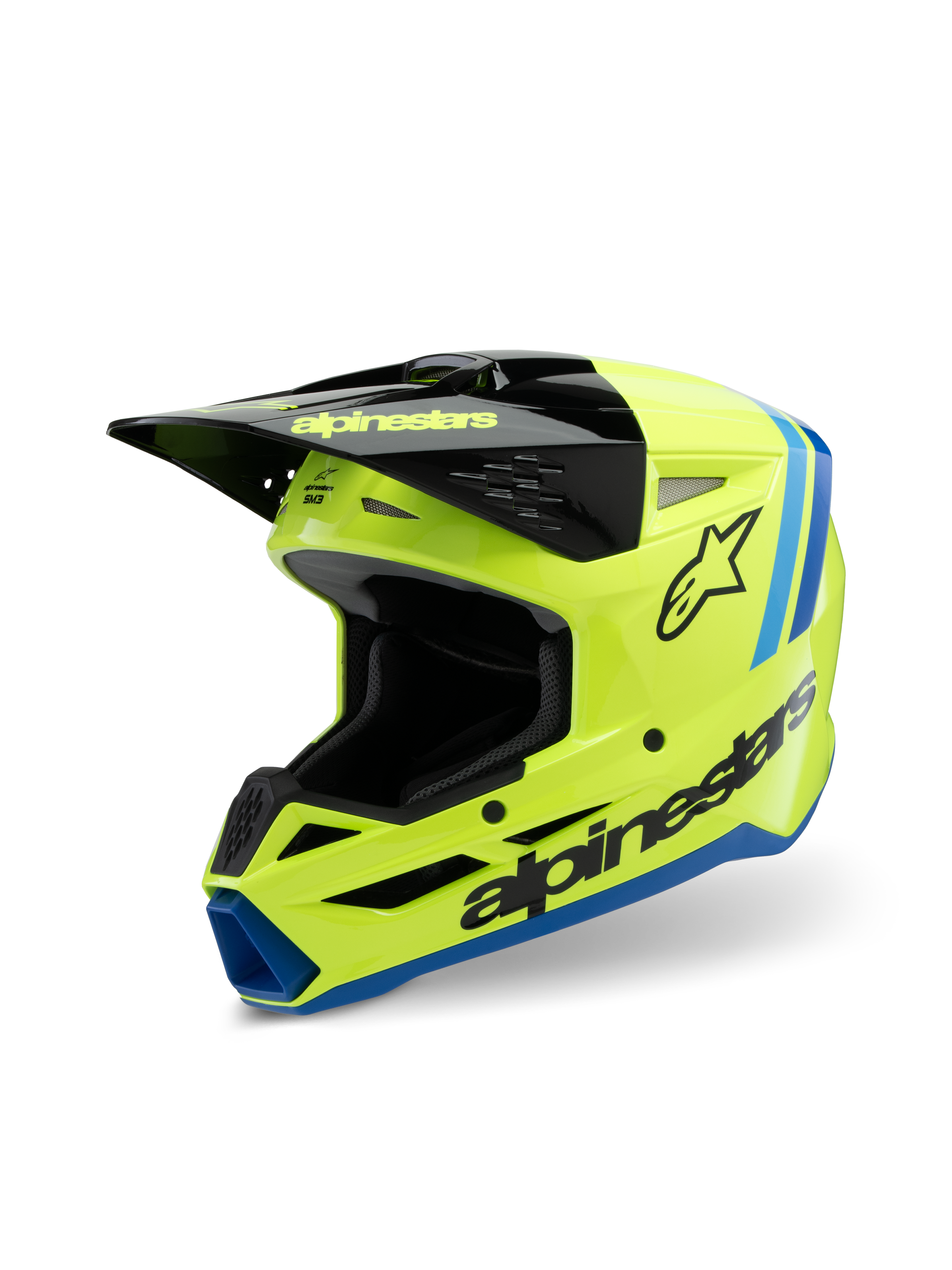 Kask Alpinestars S-M3 Youth Radium, kask motocrossowy, żółty fluo, czarny i niebieski, czarny daszek, wyraźne logo Alpinestars z boku, niebieskie akcenty, wysokiej klasy sprzęt ochronny dla młodych motocyklistów