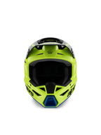 Alpinestars S-M3 Youth Radium Helmet, kask motocrossowy, żółty fluo, czarny i niebieski, widok z przodu ukazujący czarny daszek i niebieski wlot powietrza na szczęce, wyraziste logo Alpinestars, smukły profil aerodynamiczny do młodzieżowych wyścigów off-road
