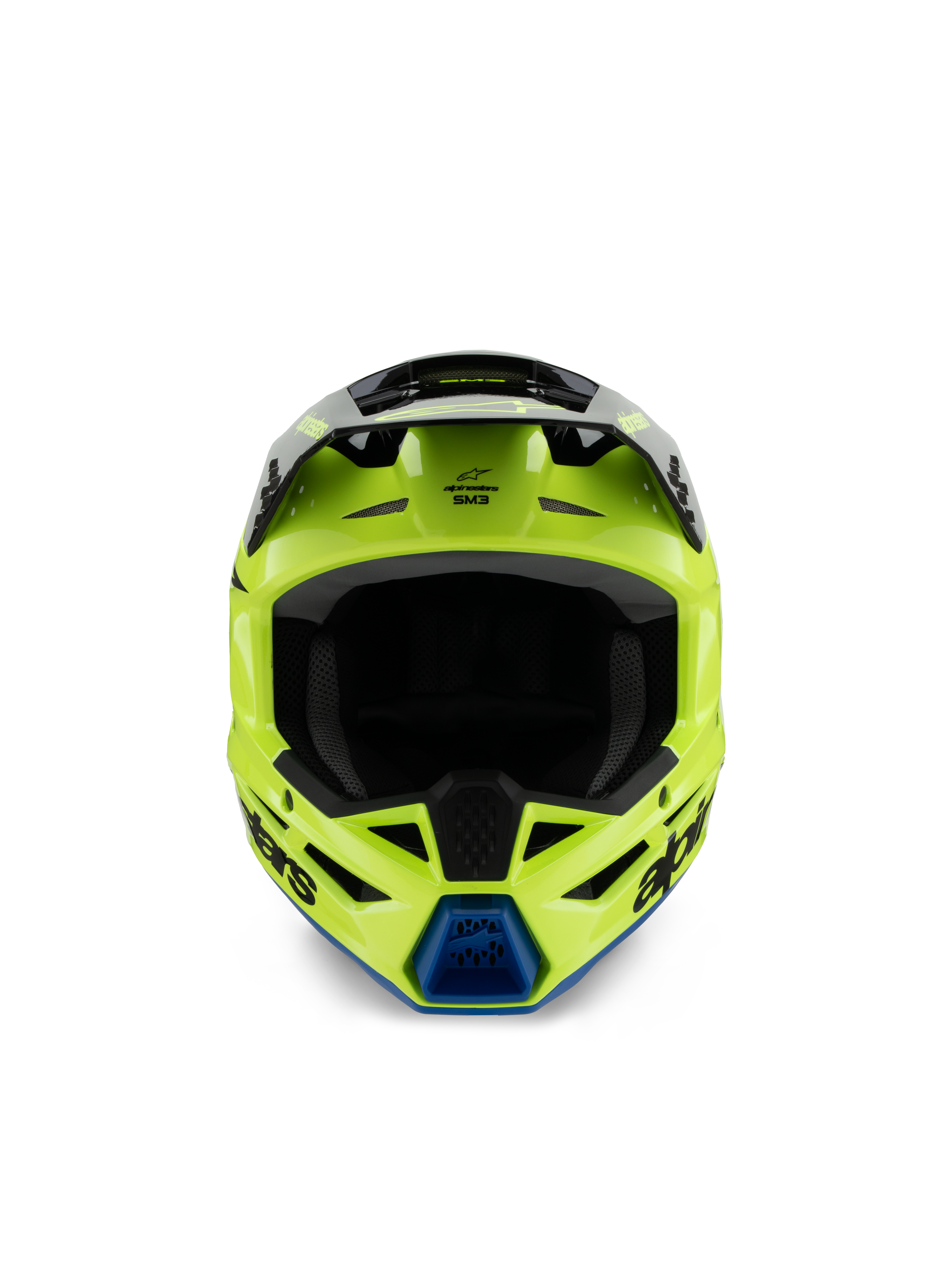 Alpinestars S-M3 Youth Radium Helmet, kask motocrossowy, żółty fluo, czarny i niebieski, widok z przodu ukazujący czarny daszek i niebieski wlot powietrza na szczęce, wyraziste logo Alpinestars, smukły profil aerodynamiczny do młodzieżowych wyścigów off-road