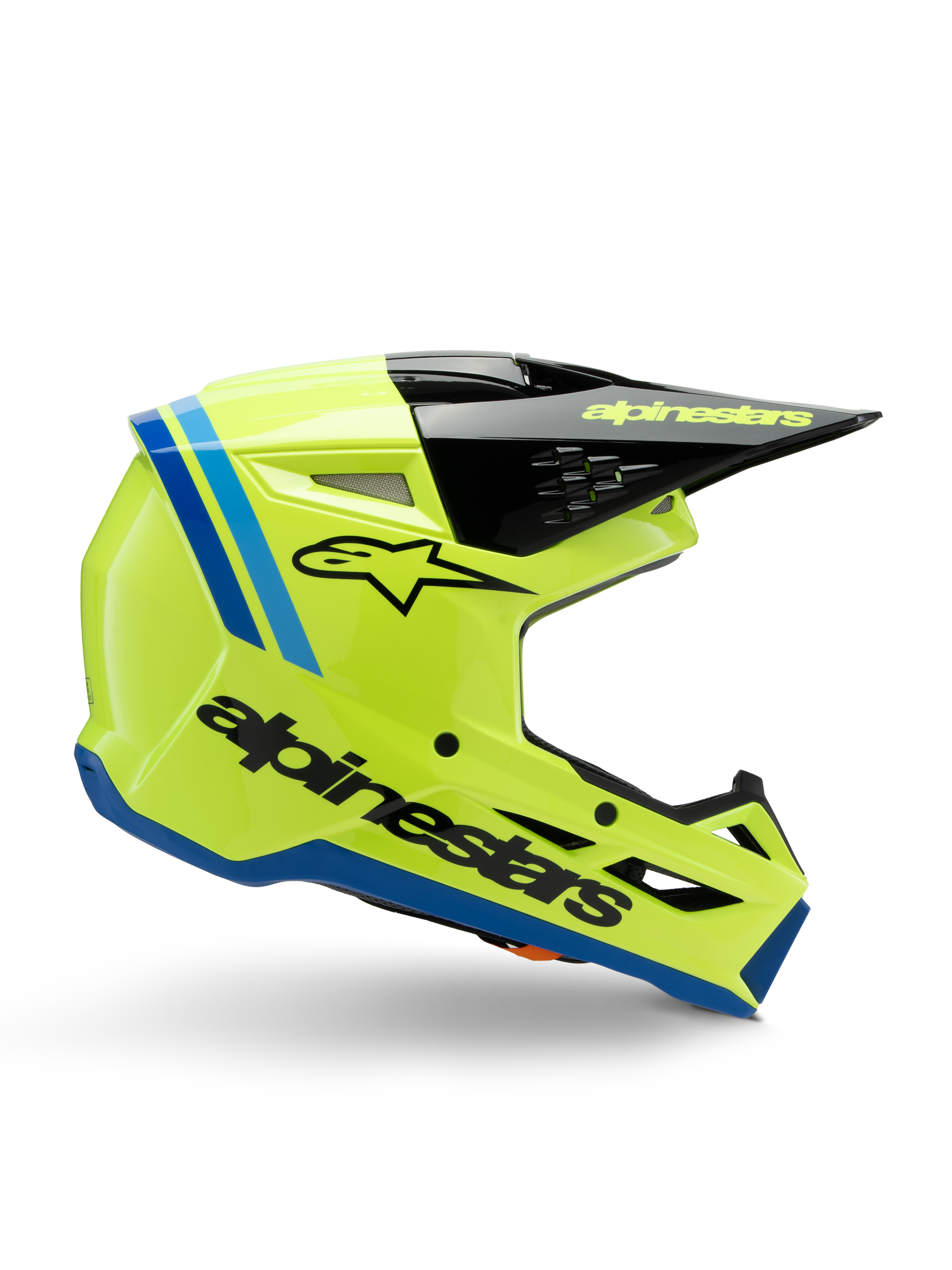 Alpinestars S-M3 Youth Radium Helmet, młodzieżowy kask motocrossowy, jaskrawy fluorescencyjny żółty z czarnymi i niebieskimi akcentami, widok z boku prezentujący aerodynamiczny design, czarny daszek z żółtym logo, wyraźne czarne logo marki z boku, certyfikowana ochrona ECE 22.06 do jazdy terenowej