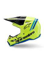 Alpinestars S-M3 Youth Radium Helmet, kask motocrossowy, jaskrawy neonowy żółty z niebieskimi i czarnymi akcentami, wyraźne logo Alpinestars, smukły profil aerodynamiczny do młodzieżowych wyścigów off-road