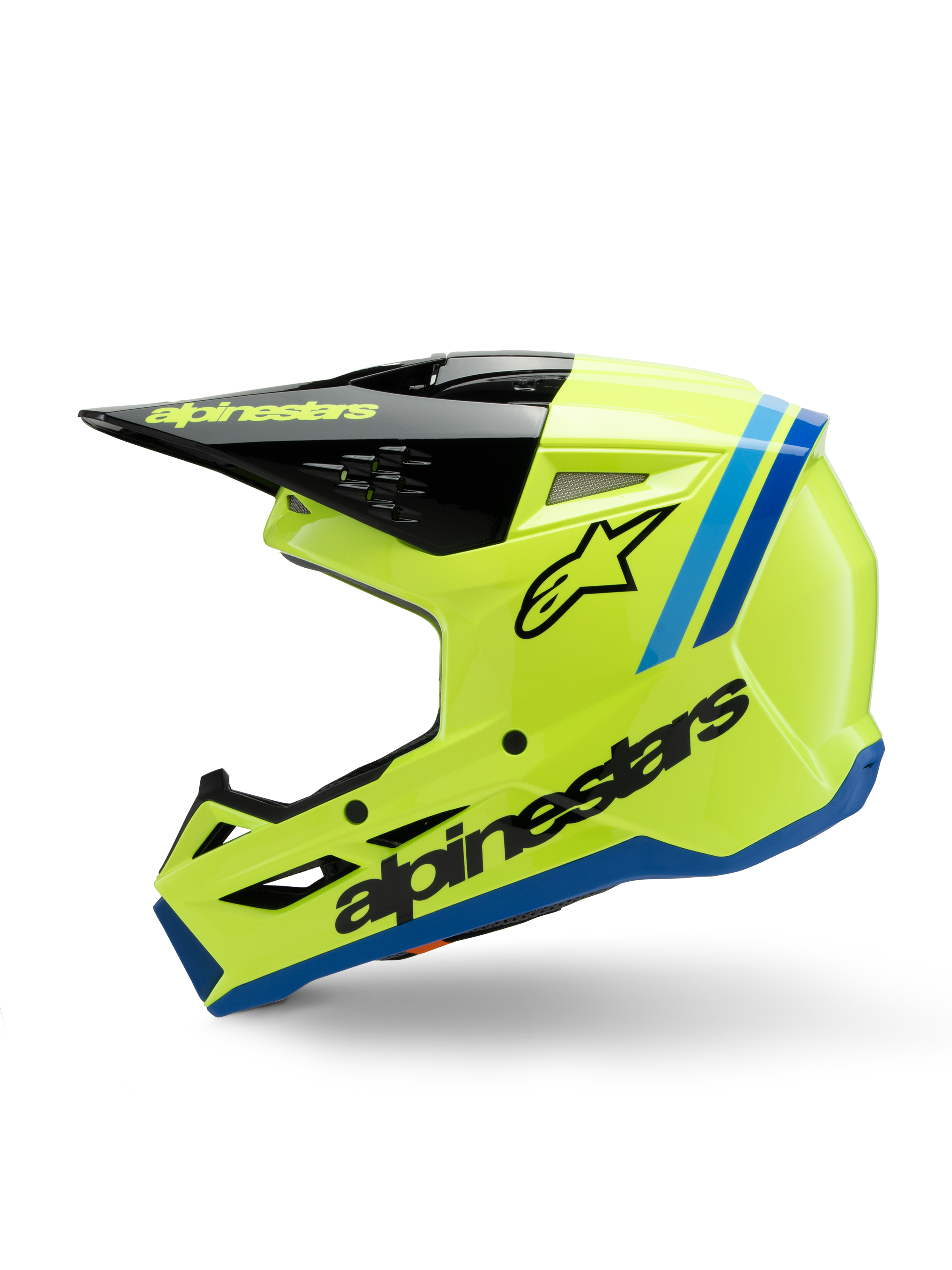 Alpinestars S-M3 Youth Radium Helmet, kask motocrossowy, jaskrawy neonowy żółty z niebieskimi i czarnymi akcentami, wyraźne logo Alpinestars, smukły profil aerodynamiczny do młodzieżowych wyścigów off-road