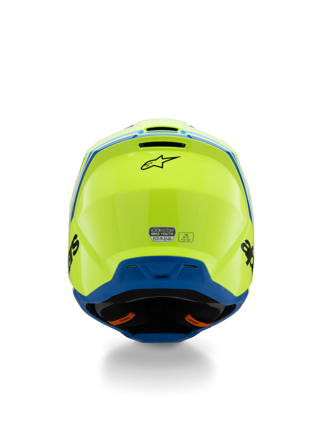 Alpinestars S-M3 Youth Radium Helmet ECE 22.06, kask motocrossowy, żółty neonowy i niebieski, widok z tyłu z czarnym logo Alpinestars i naklejką certyfikacyjną ECE, aerodynamiczna konstrukcja skorupy do wyścigów terenowych