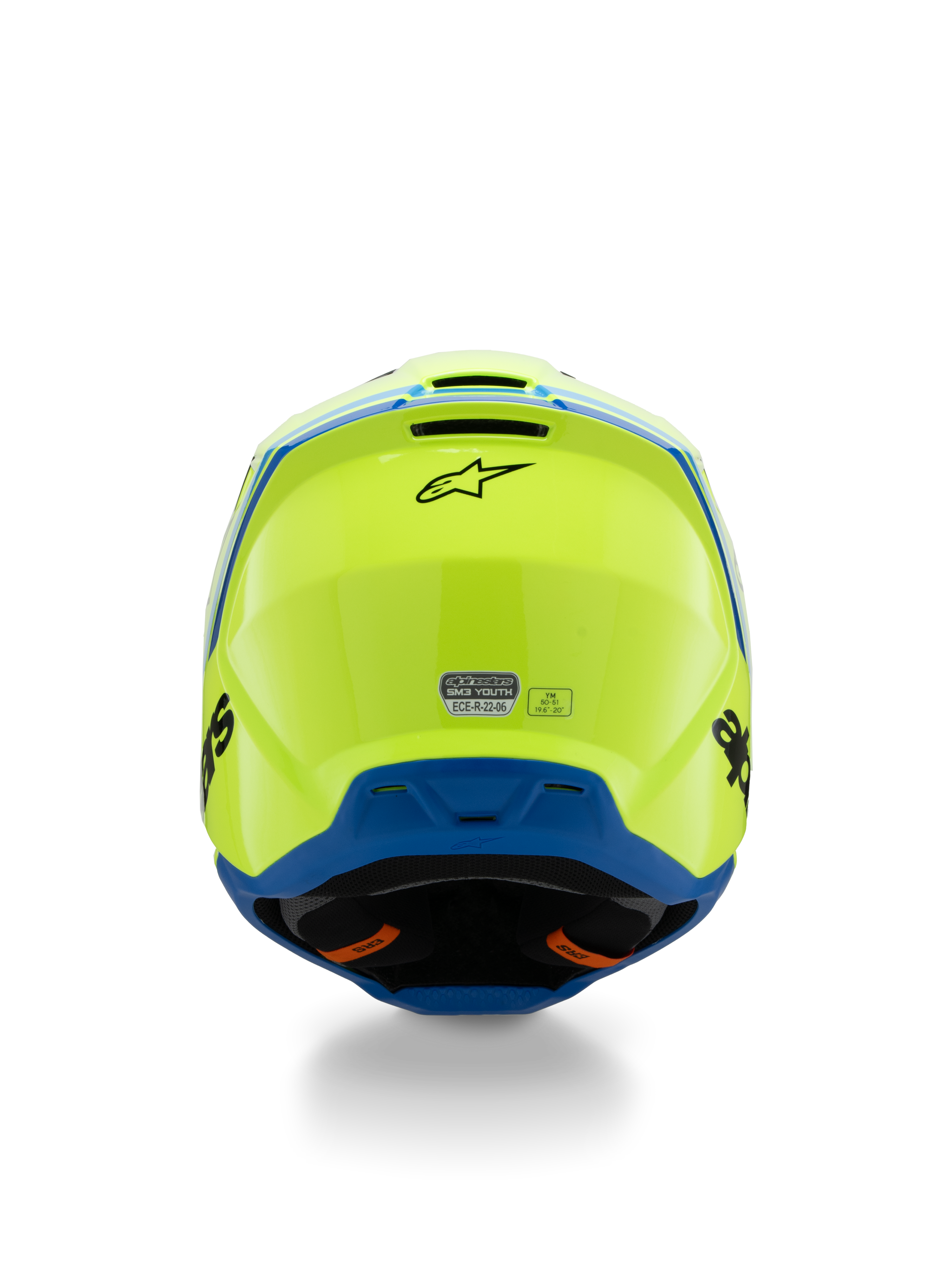 Alpinestars S-M3 Youth Radium Helmet ECE 22.06, kask motocrossowy, żółty neonowy i niebieski, widok z tyłu z czarnym logo Alpinestars i naklejką certyfikacyjną ECE, aerodynamiczna konstrukcja skorupy do wyścigów terenowych