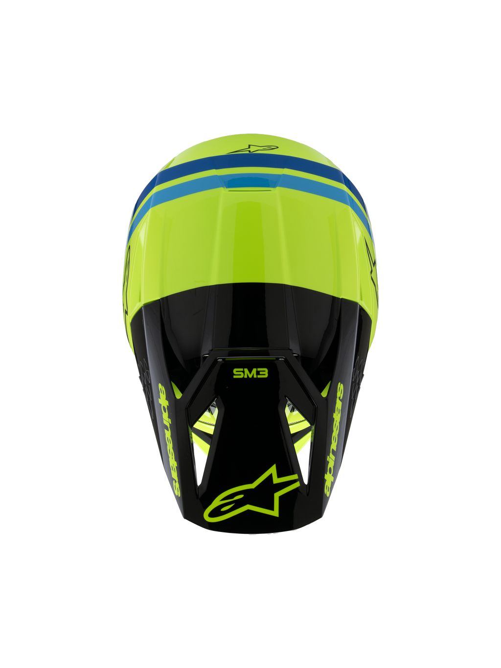 Alpinestars S-M3 Youth Radium Helmet ECE 22.06, kask motocrossowy, żółty fluo, czarny i niebieski, widok z góry ukazujący aerodynamiczną skorupę, oznaczenie SM3 na czarnym daszku i wyraziste logo Alpinestars