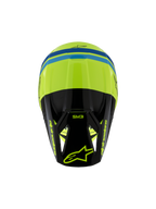 Alpinestars S-M3 Youth Radium Helmet ECE 22.06, kask motocrossowy, żółty fluo, czarny i niebieski, widok z góry ukazujący aerodynamiczną skorupę, oznaczenie SM3 na czarnym daszku i wyraziste logo Alpinestars