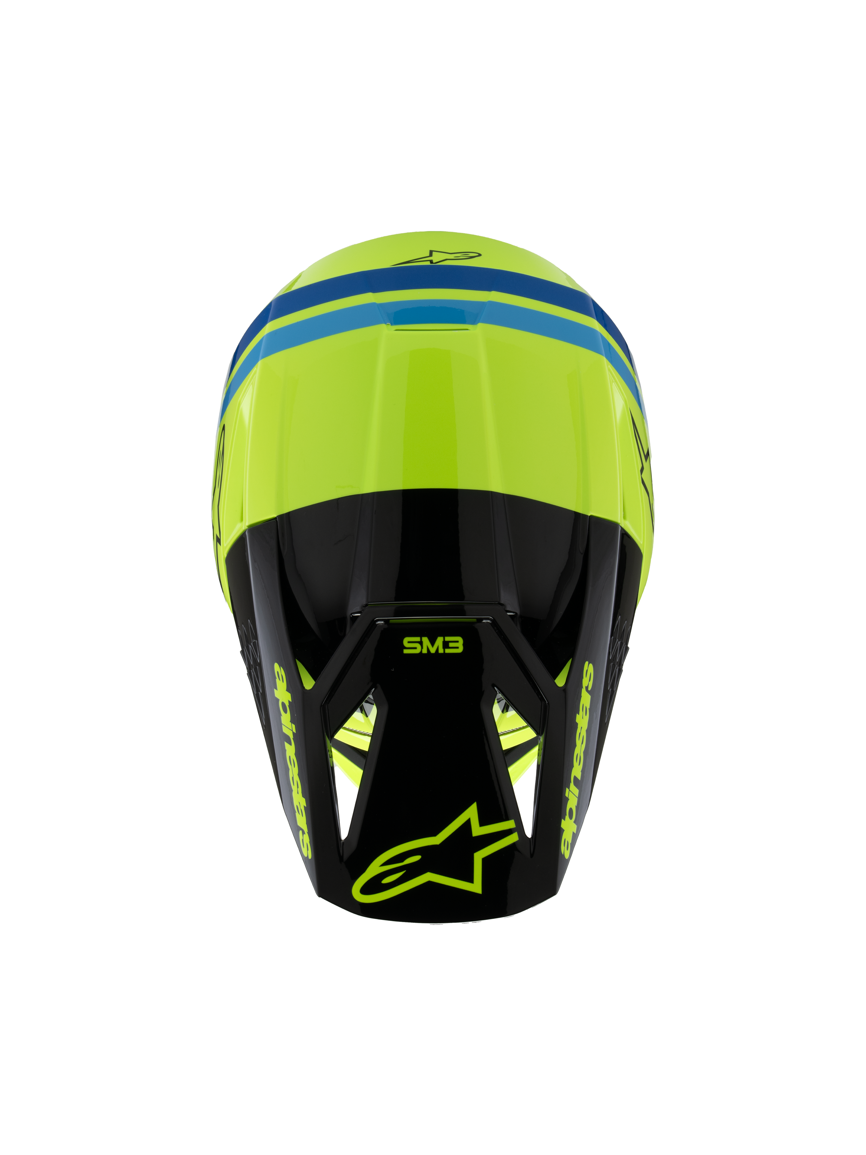 Alpinestars S-M3 Youth Radium Helmet ECE 22.06, kask motocrossowy, żółty fluo, czarny i niebieski, widok z góry ukazujący aerodynamiczną skorupę, oznaczenie SM3 na czarnym daszku i wyraziste logo Alpinestars