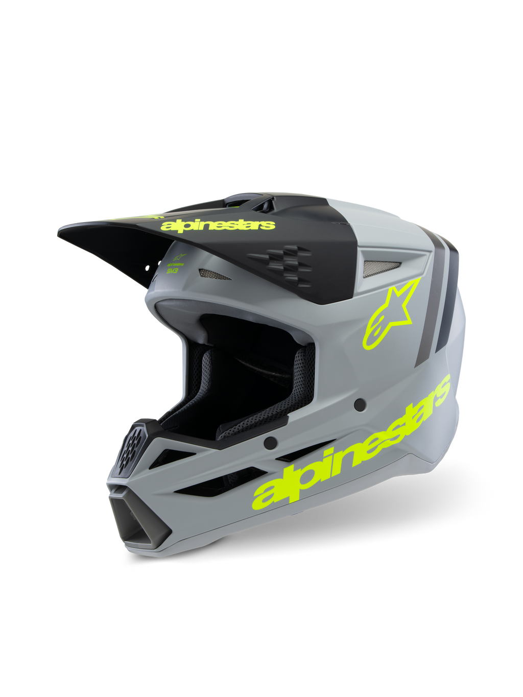 Kask Alpinestars S-M3 Youth Radium ECE 22.06, kask motocrossowy, matowy szary i czarny z fluorescencyjnymi żółtymi akcentami, wyraźne logo Alpinestars i logo gwiazdy, młodzieżowy sprzęt ochronny off-road